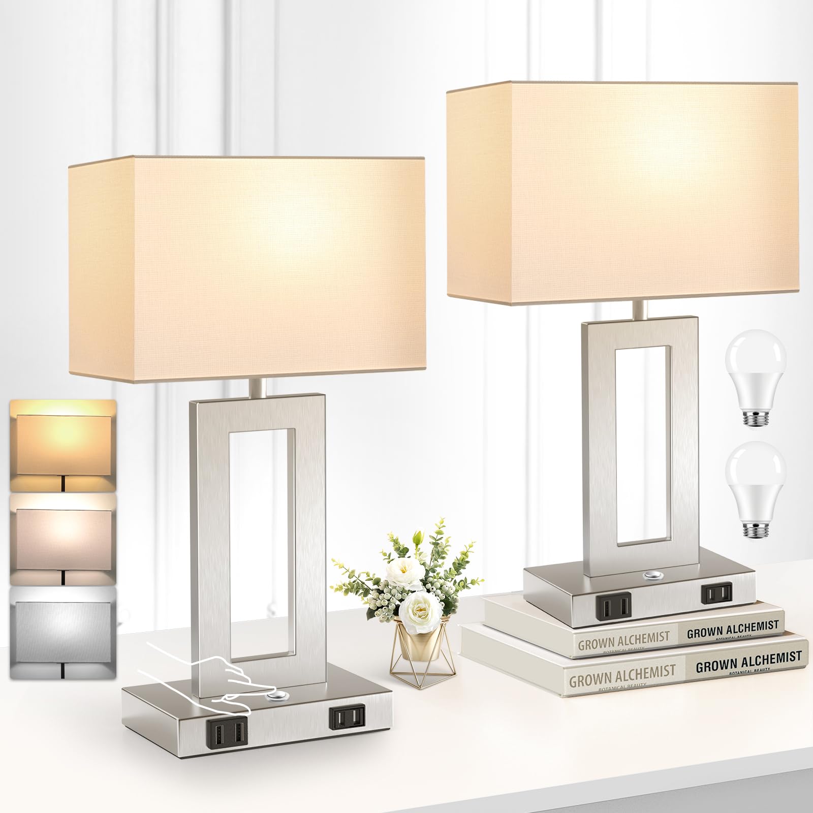 3 Color Temperatures Touch Control Table Lamps Set of 2, Stepless Dimmable Bedside Lamps with 2 USB Ports&AC Outlet, Modern Nigh