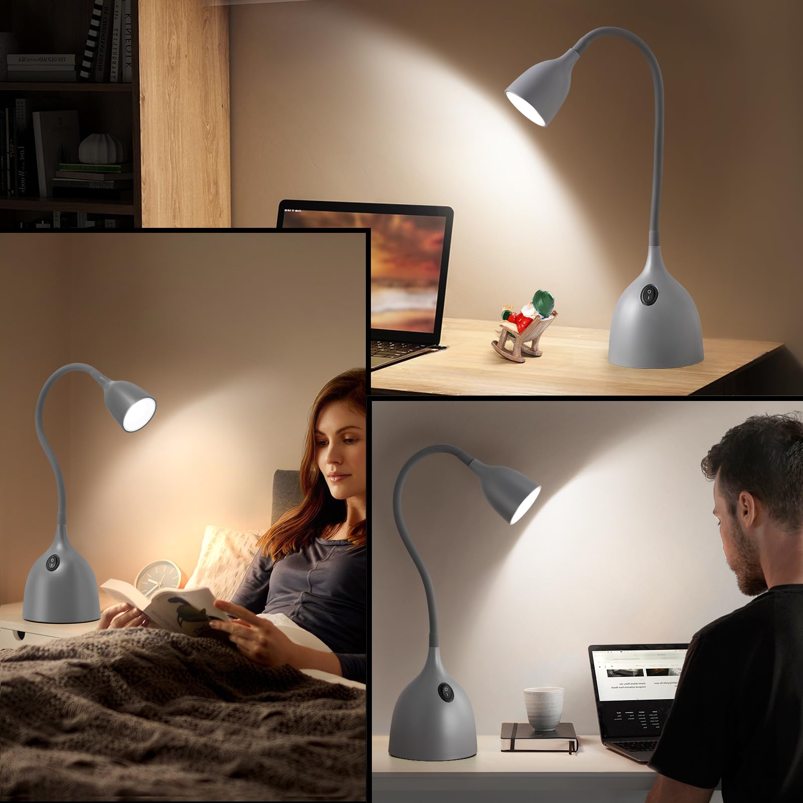 EJIAXIN Gooseneck Desk Lamp 360° Flexible LED Light for Small Spaces, Metal, Gray, Home Office, Bedroom, College Dorm