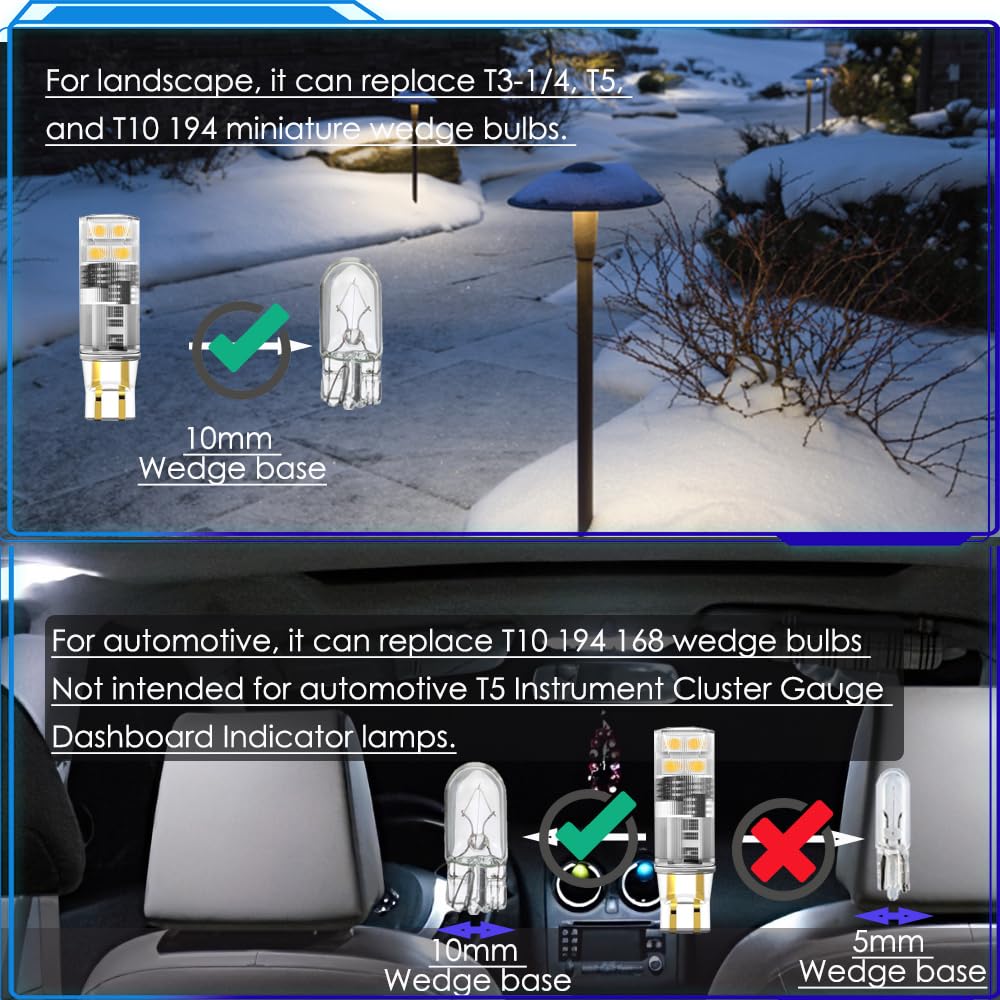noobibaba T5 Wedge Base LED Bulb 12V, 1.5W Cool White, 6 Count, Landscape Lighting Replacement for RV Camper Path Lights