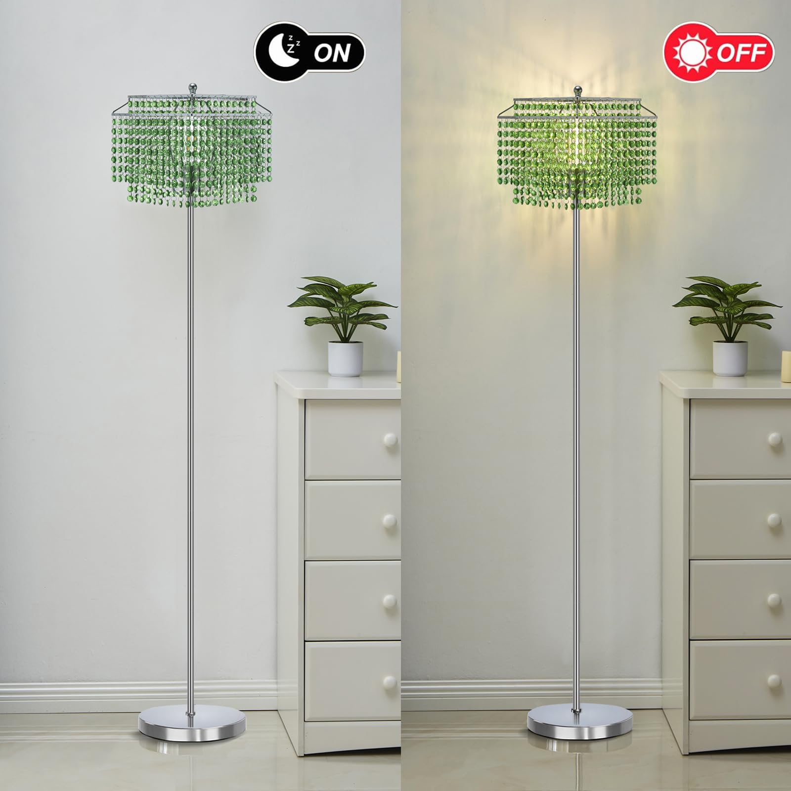Crystal Floor Lamp, 64'' Tall Elegant Standing Lamp With On-Off Foot Switch, Silver Lamp With Green Double-Layer Crystal Lampsha