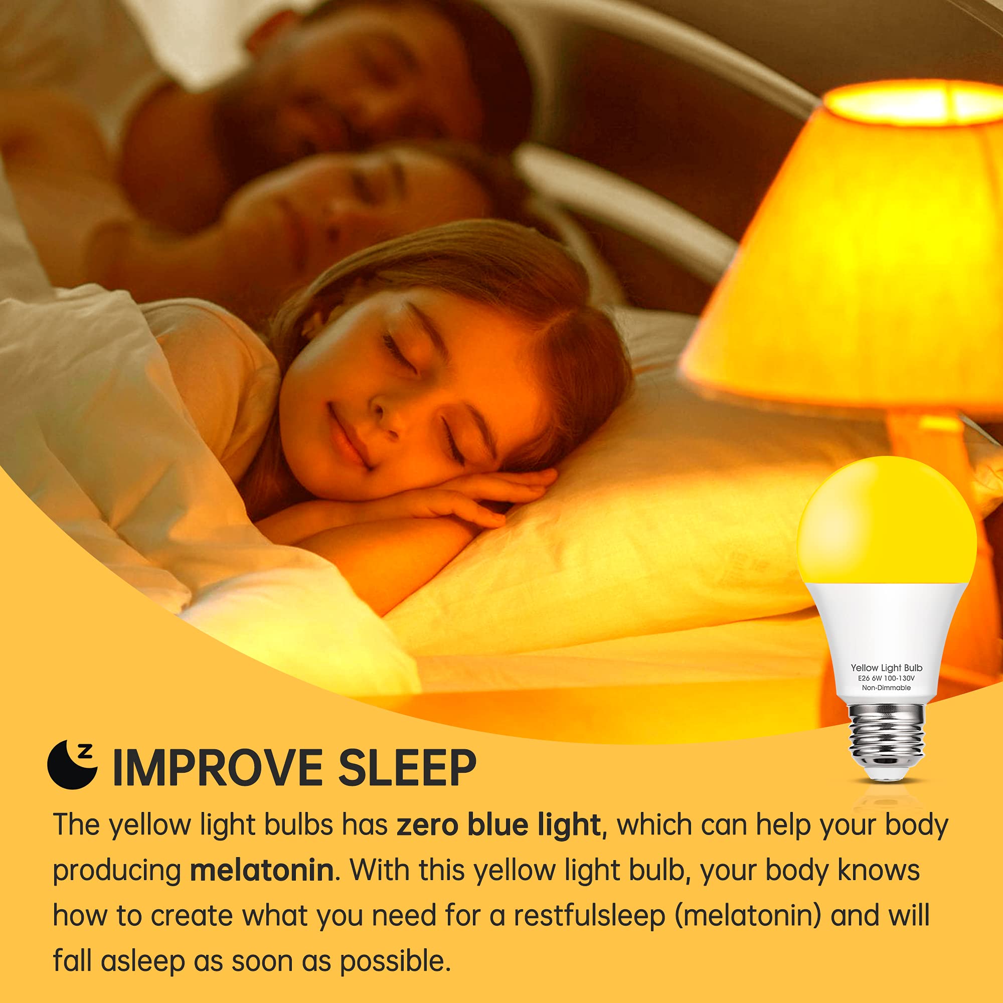 Evastary 6W Yellow Led Bug Light Bulbs, 40W Equivalent, Amber Night Lights, 4 Pack