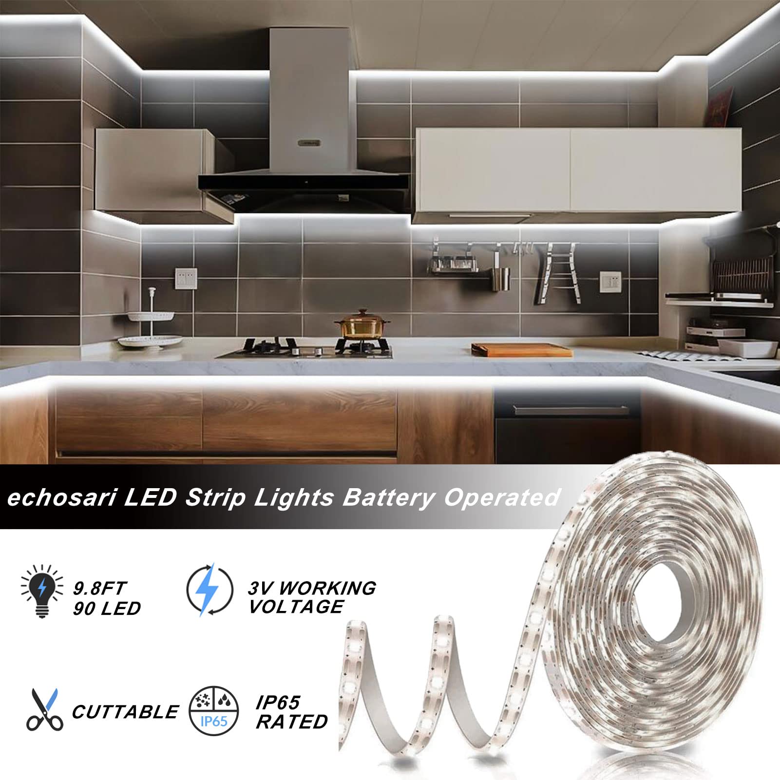 echosari Battery Operated LED Strip Lights, 3m, 90 LEDs, Cool White, Dimmable, Remote, 8 Modes, Self-Adhesive, Cuttable