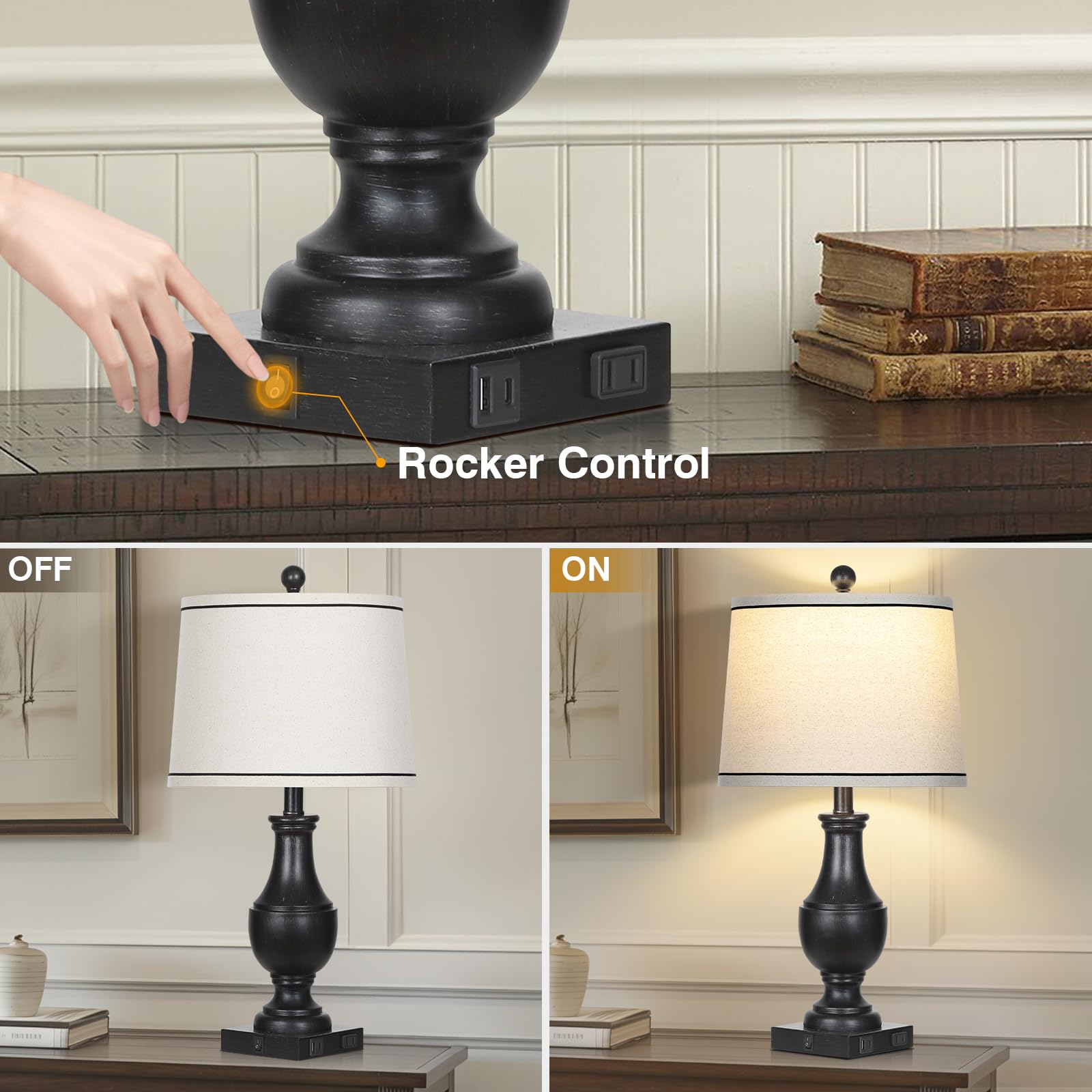 Rinweey Table Lamps For Living Room Set Of 2, Farmhouse Vintage Table Lamp With Usb A+C Charging Ports & Ac Outlet, 25'' Black R