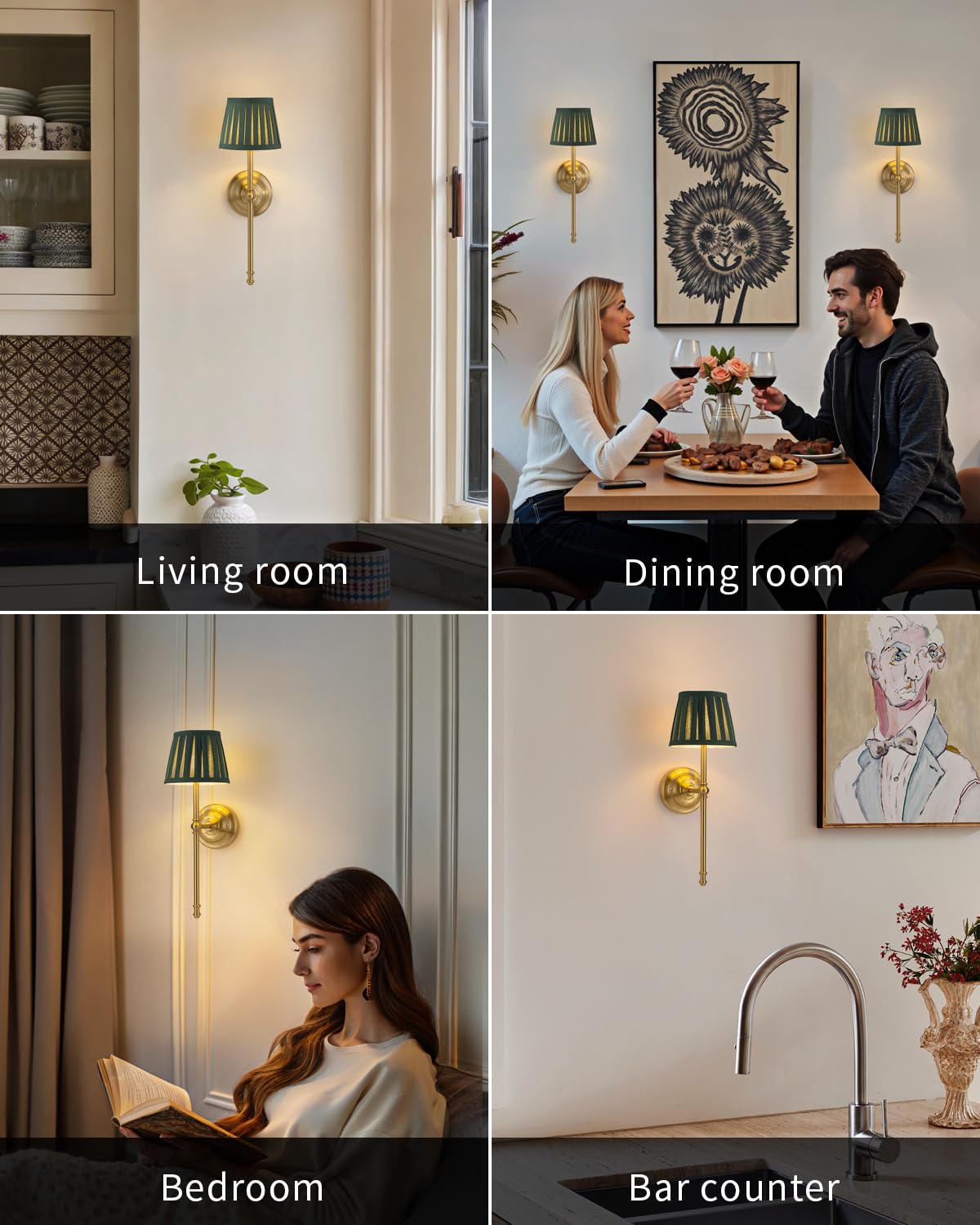 KDG Cordless Wall Sconces Set of 2 - Rechargeable LED Fabric Lamps, Green & Gold, Perfect for Living Room, Bedroom, Hallway