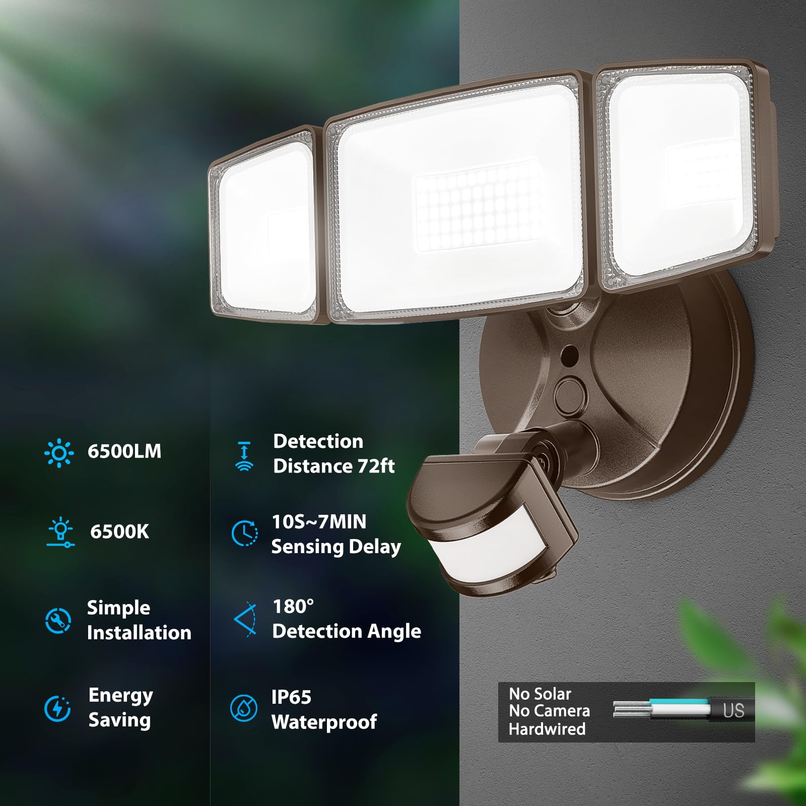 Onforu 55W LED Security Light, 5500LM, 6500K, IP65 Waterproof, Adjustable 3 Head, Brown Flood Light for Outdoor Use