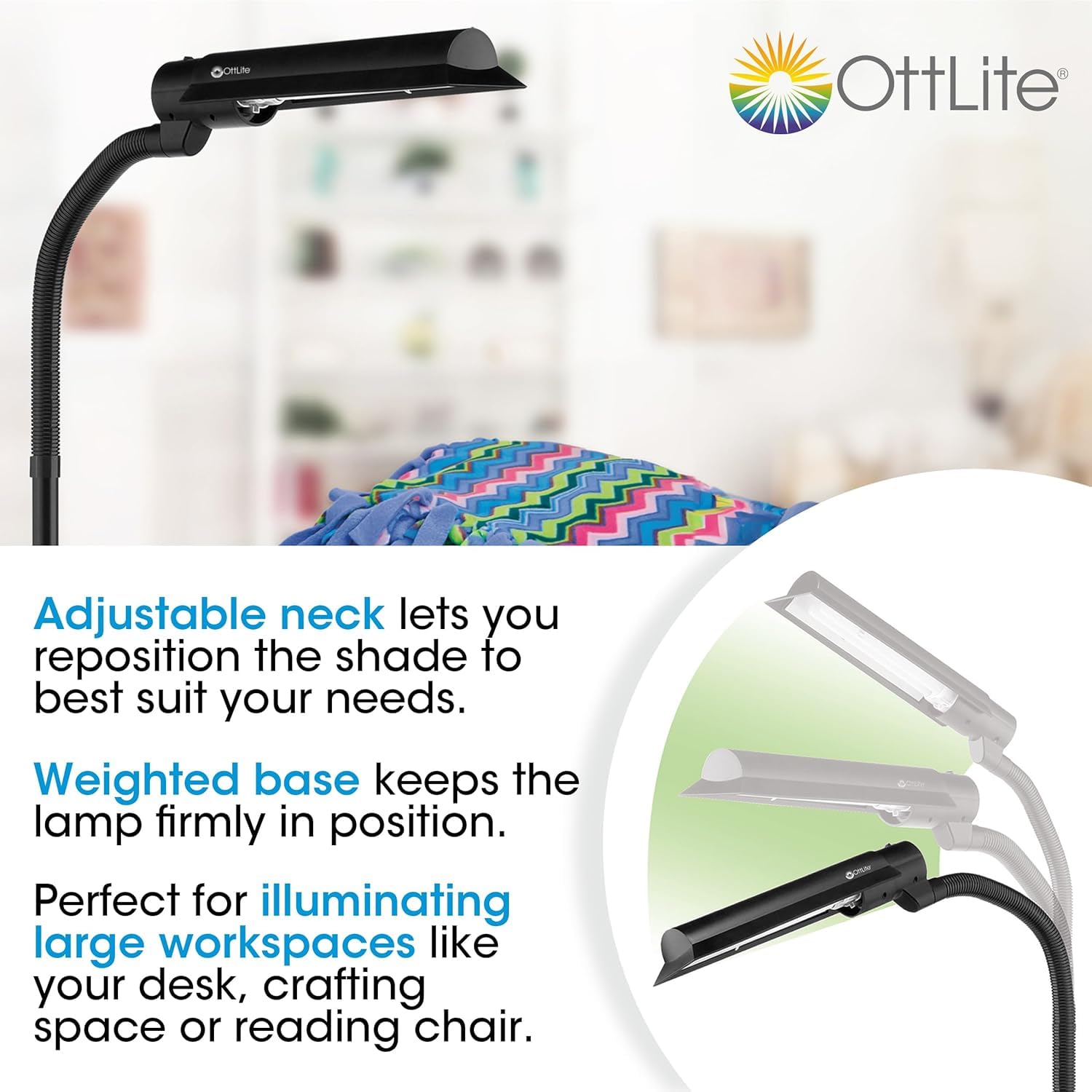 Ottlite 18W Wingshade Adjustable Floor Lamp, Black Metal, Ideal For Crafts, Office, Living Room - Model T81G5T