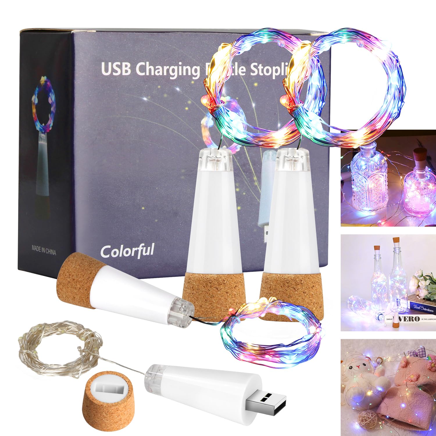 Godinsky Wine Bottle Lights with Cork Switch for Liquor Bottles 4 Pack Rechargeable Battery Operated 20 Led Bottle Stopper Multi String Fairy Lights Indoor Christmas Wedding Halloween Decorations