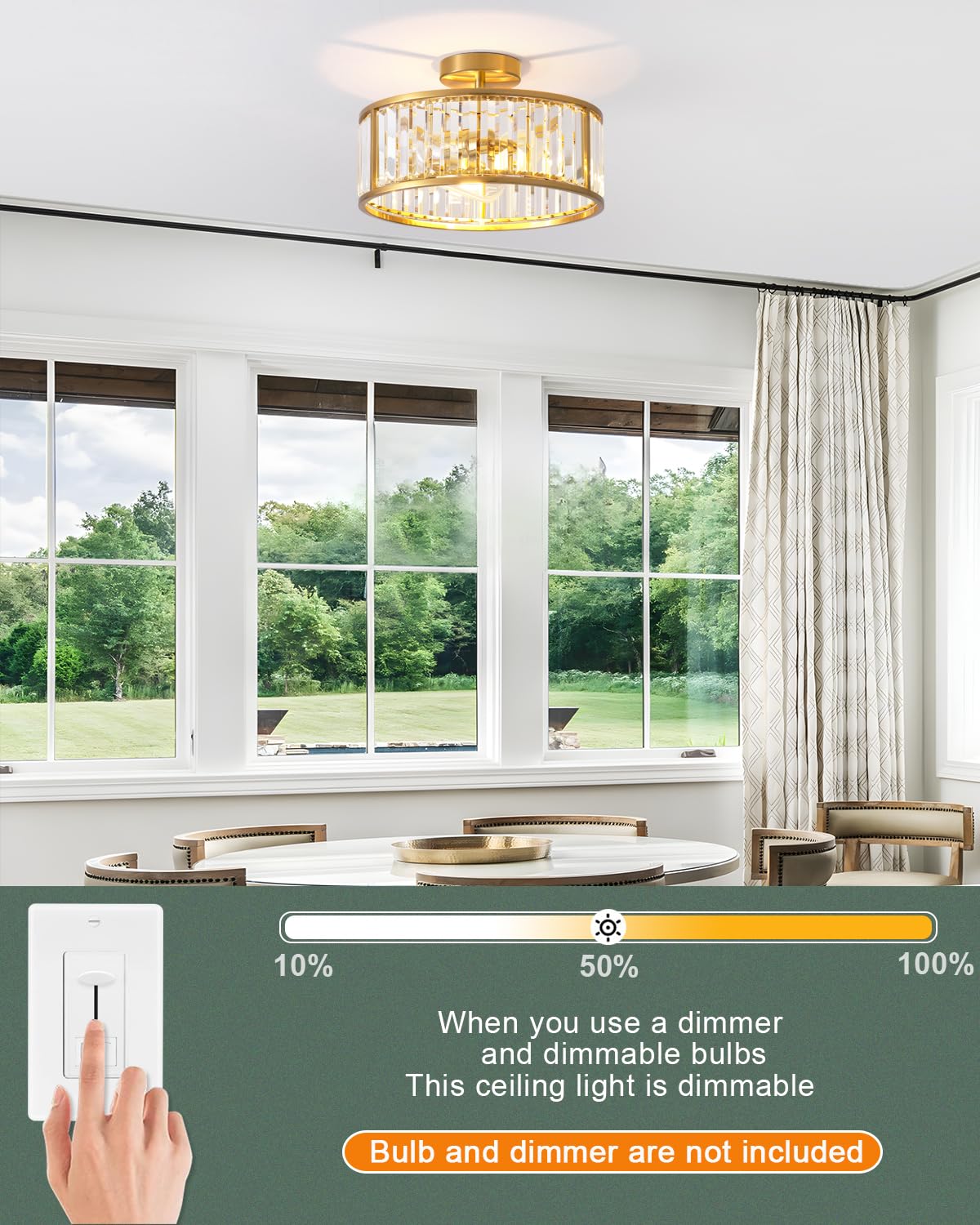 Lhlyclx 3-Light Caged Crystal Chandelier, Brass Gold Drum Ceiling Light, 14 Inch