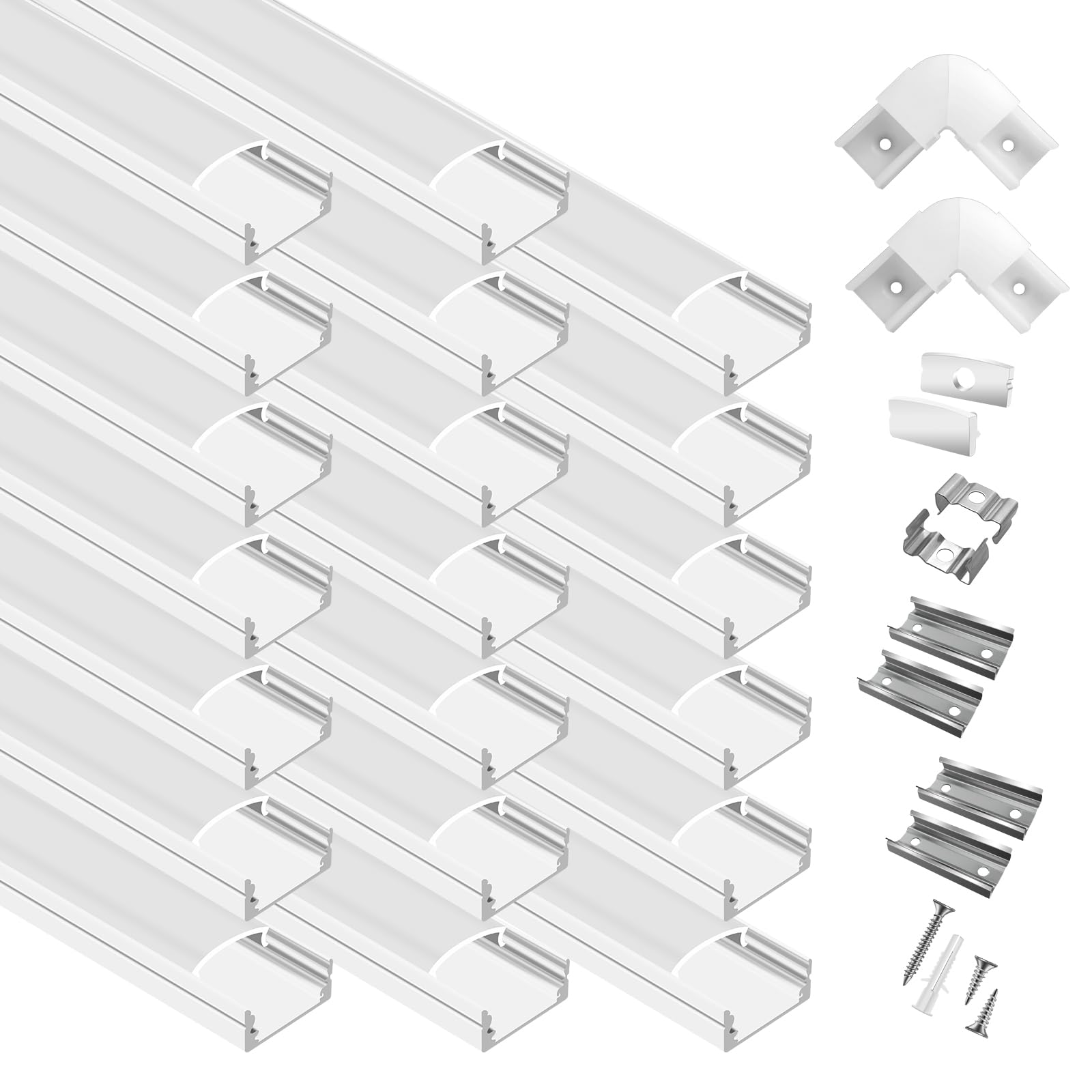 20-Pack 6.6ft/2Meter U Shape White LED Aluminum Channel System with Milky Cover, End Caps and Mounting Clips, Aluminum Channel P