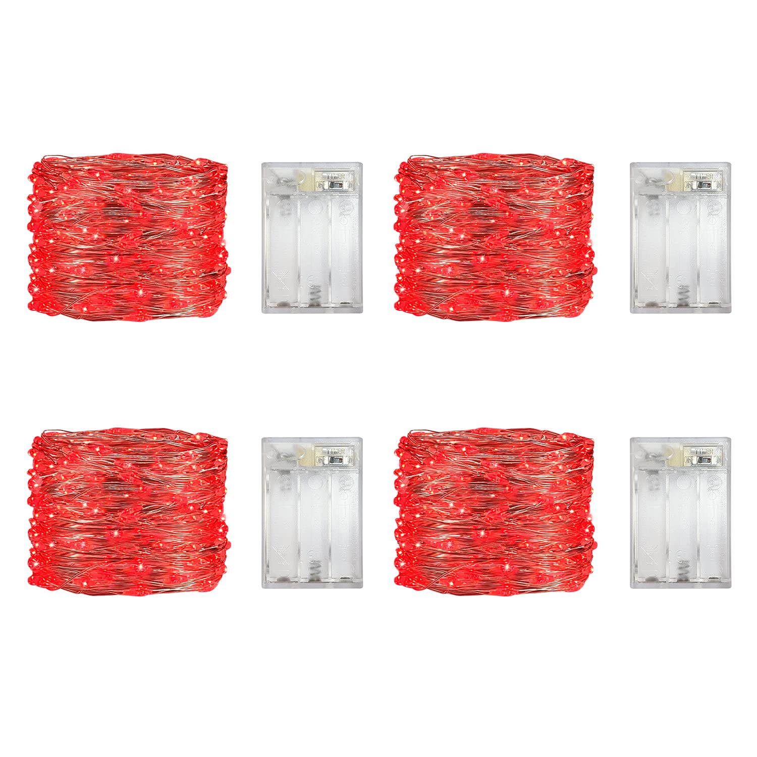 Yongzhenlite 4 Pack Battery Operated LED Fairy Lights, 10 Feet, Red, Copper Material, Indoor Mini Lights with Timer Function