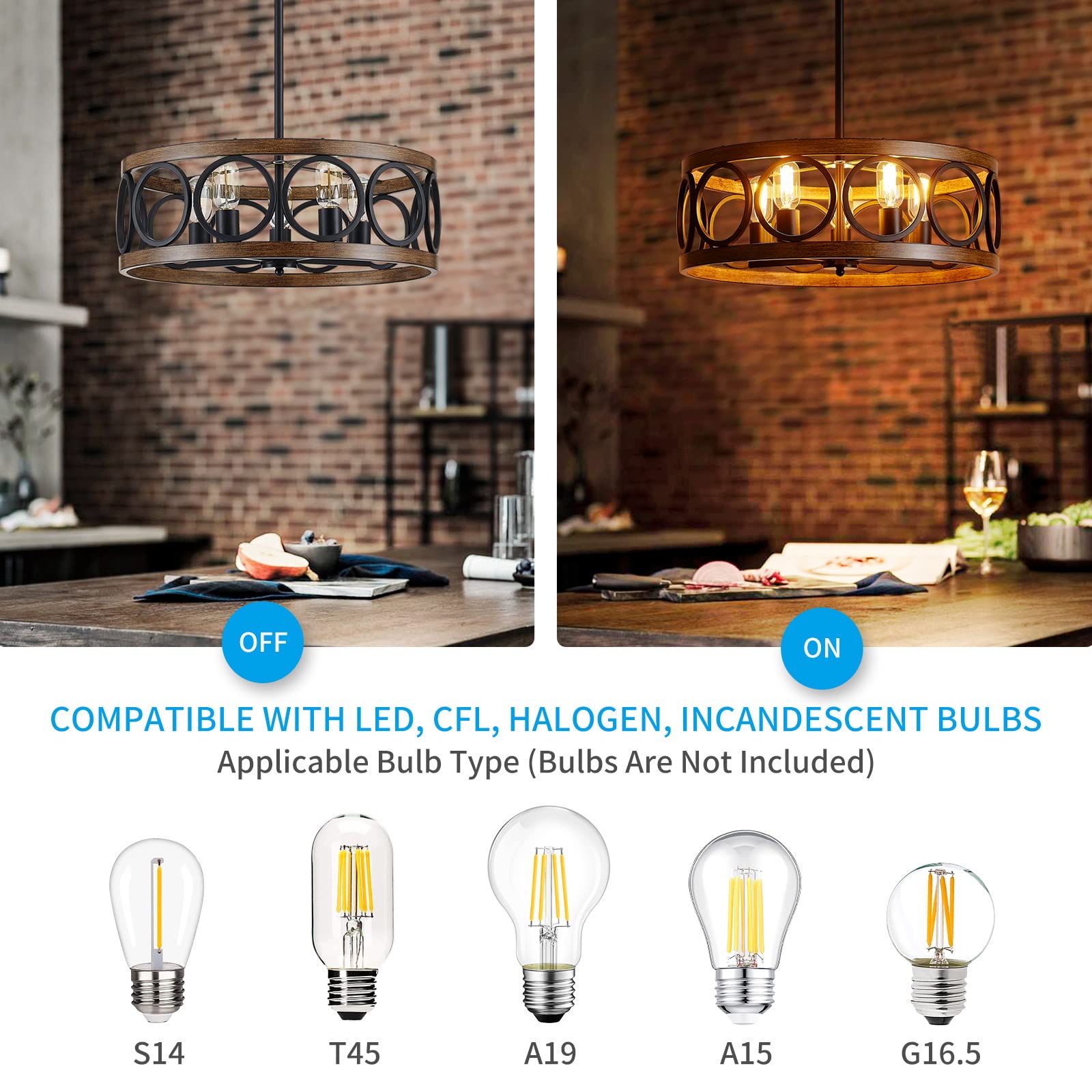 XINGQI 5-Light Black Drum Chandelier - Modern Farmhouse Pendant Light Fixture for Living Room, Kitchen, Office with Wood Grain Finish