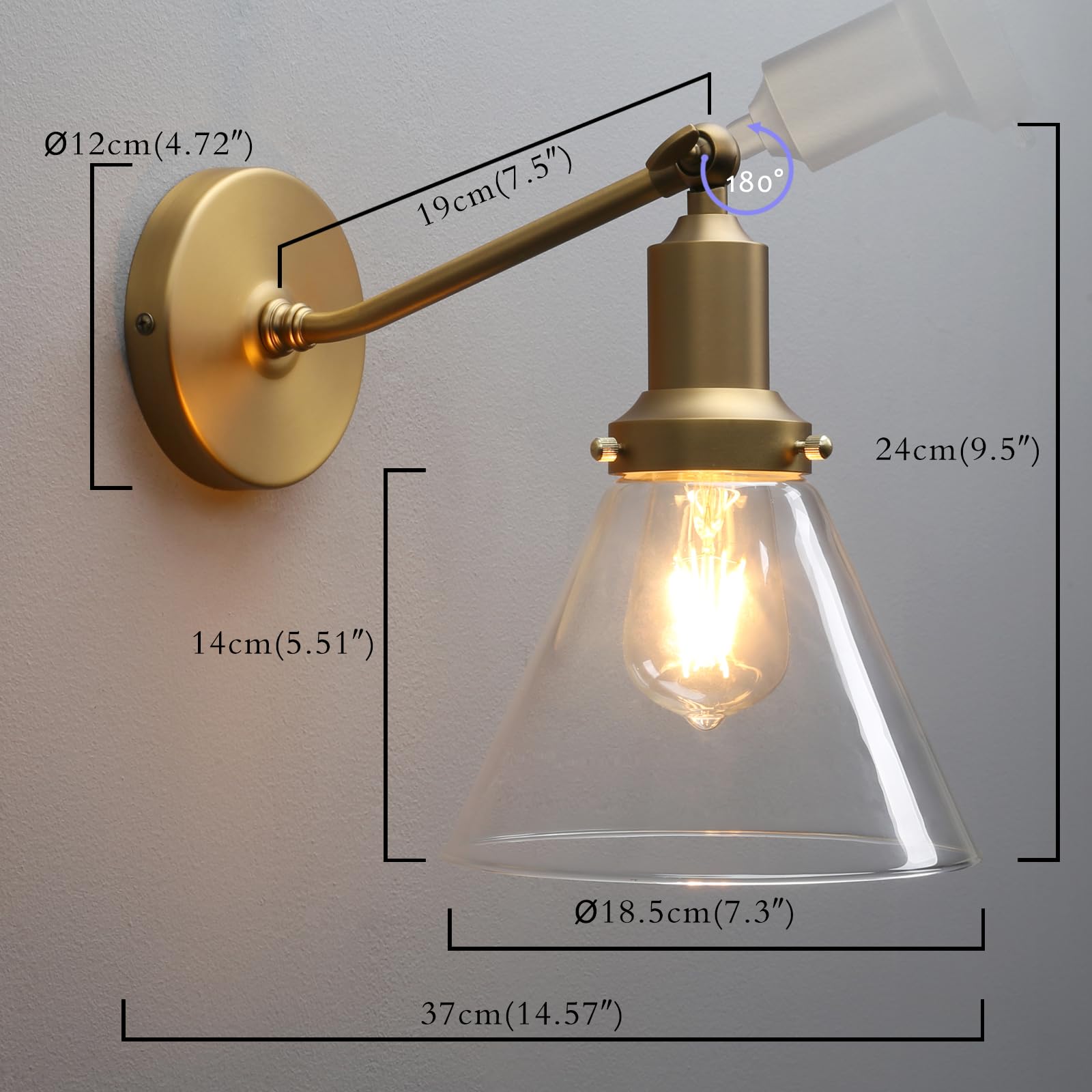 PERMO Industrial Vintage Wall Sconce Light Fixture, Hardwired, Funnel 1-Light, Antique Gold, Model Y410