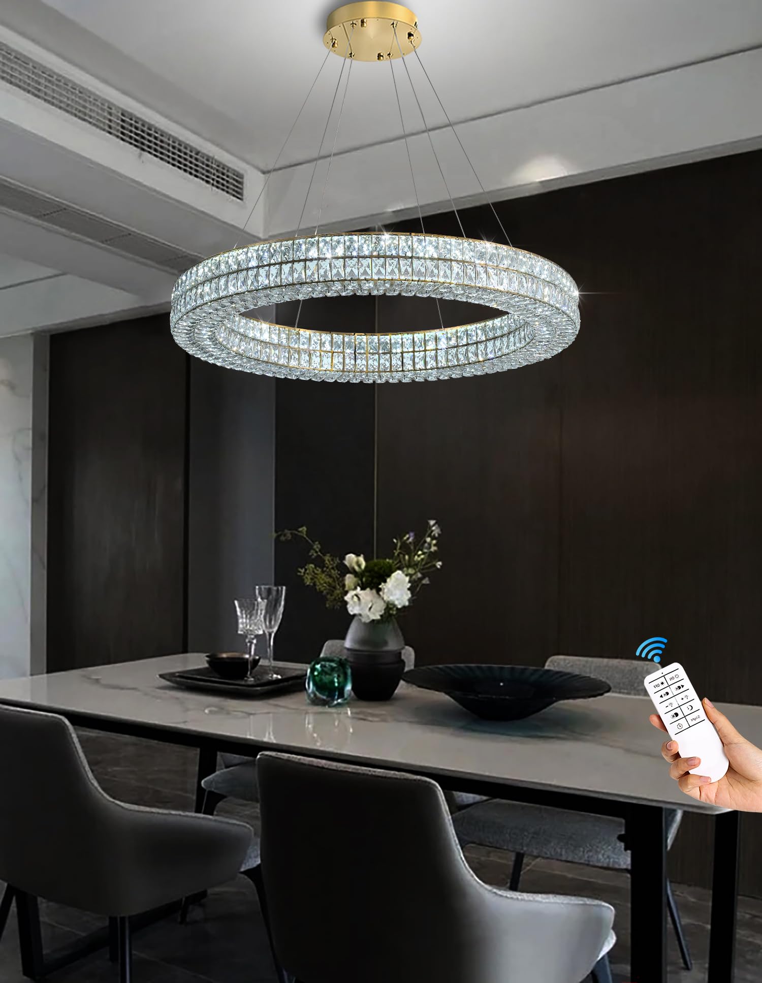 IDEQUY 32in Gold Ring Chandelier - Modern Crystal Ceiling Light Fixture for Living Room, Dining Room, Bedroom, Model CF8024-80J