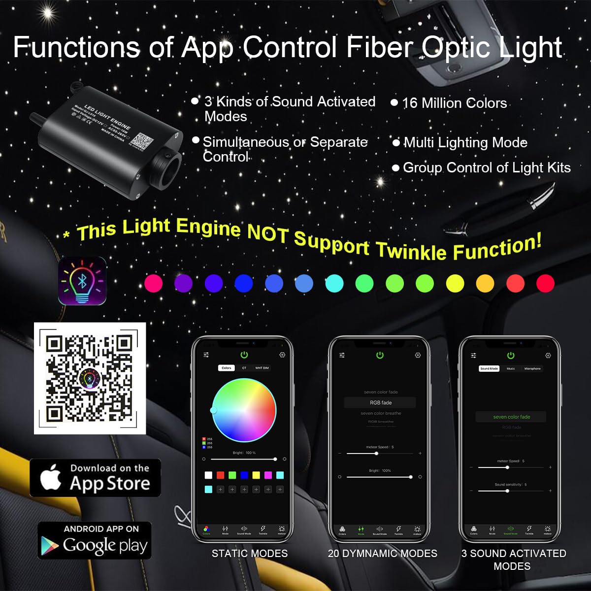 AKEPO Bluetooth APP Control Fiber Optic Light Source, 16W, RGBW, Aluminum, Model QJ-L016, Multiple Colors, Music Activated, Remote Control
