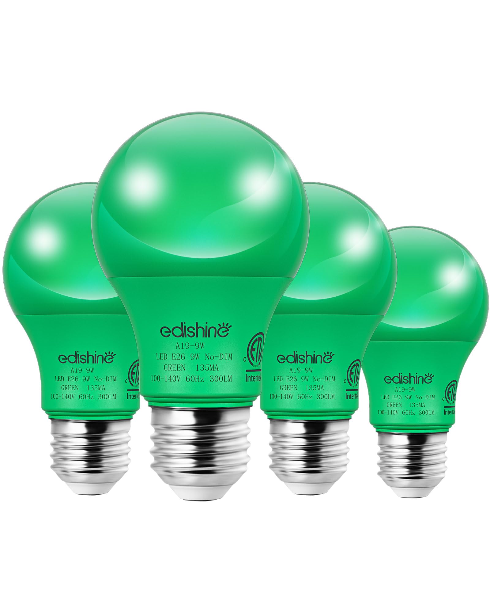 EDISHINE A19 LED Light Bulb 60W Equivalent, Green, 9W, E26 Base, ETL Listed, 4 Count
