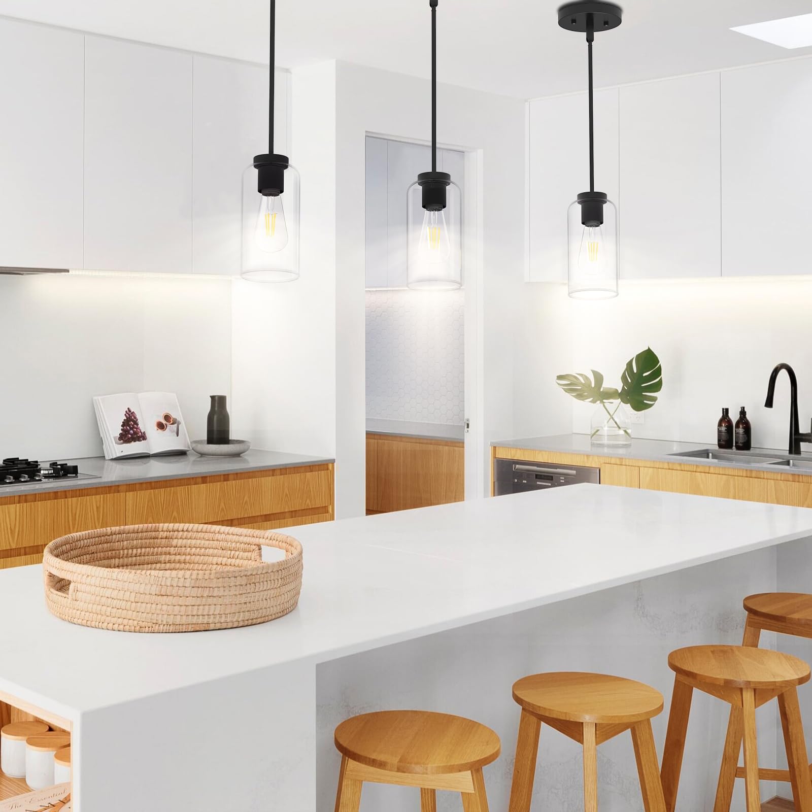 Zevluck 2-Pack Pendant Light, Matte Black Pendant Lighting With 5 Adjustable Tubes, Hanging Light Fixtures With Clear Glass Shad