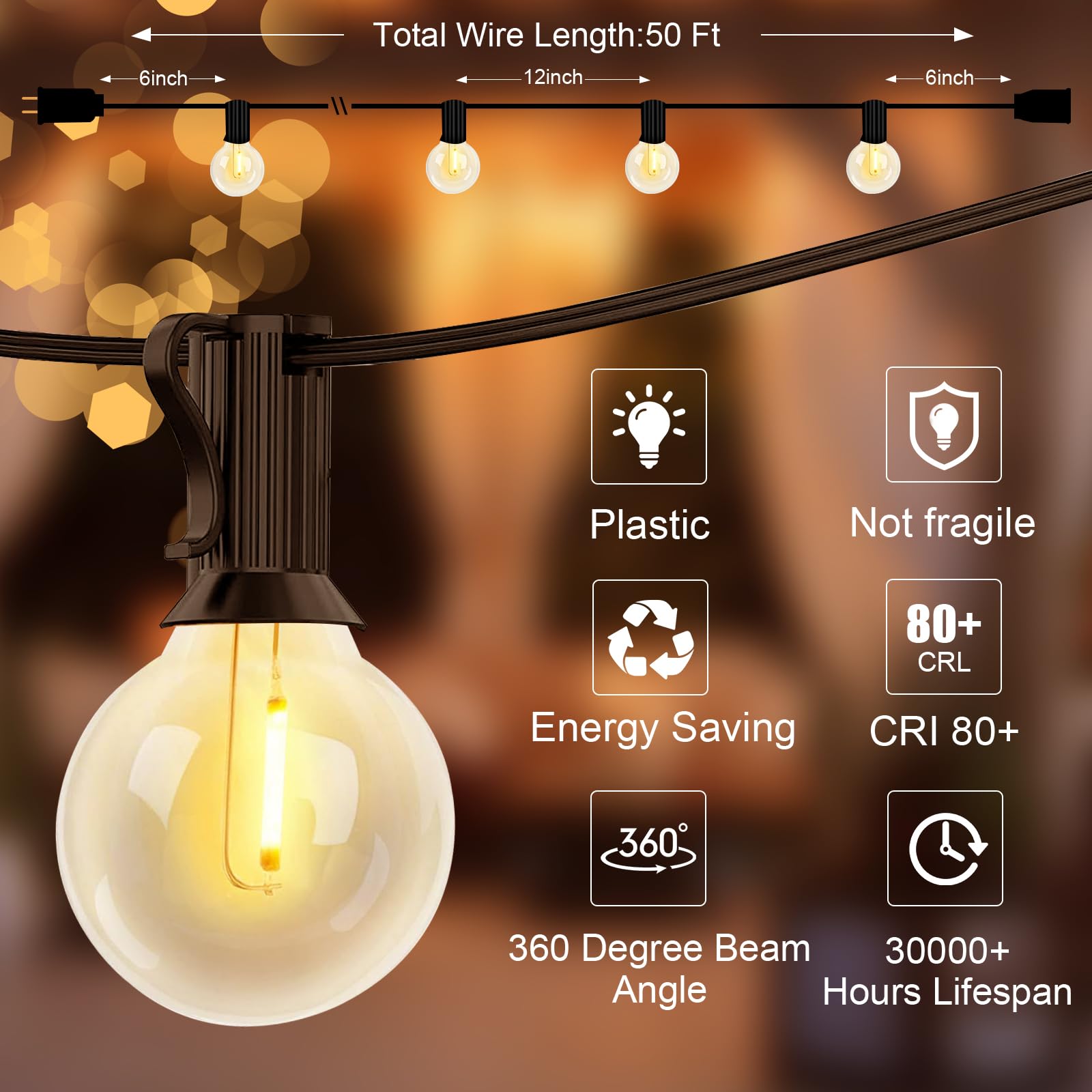 GOOTHY G40 LED Outdoor String Lights, 50Ft, Black, Waterproof with 52 Shatterproof Globe Bulbs for Patio, Cafe, and Commercial Decor