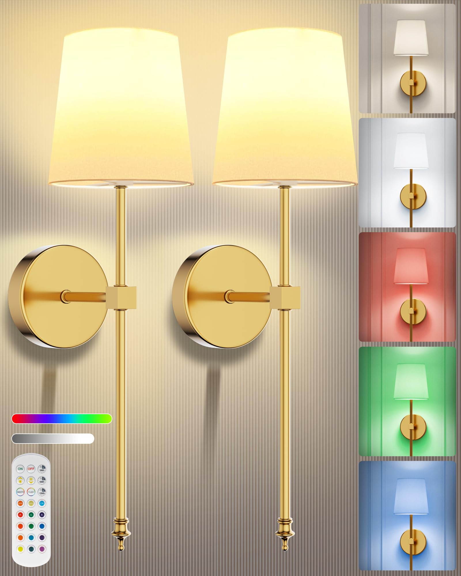 Kfm Battery Operated Wall Sconces Set Of Two - Wireless Gold Sconces Wall Decor Set Of 2, Rechargeable Wall Lamps For Bedroom, L