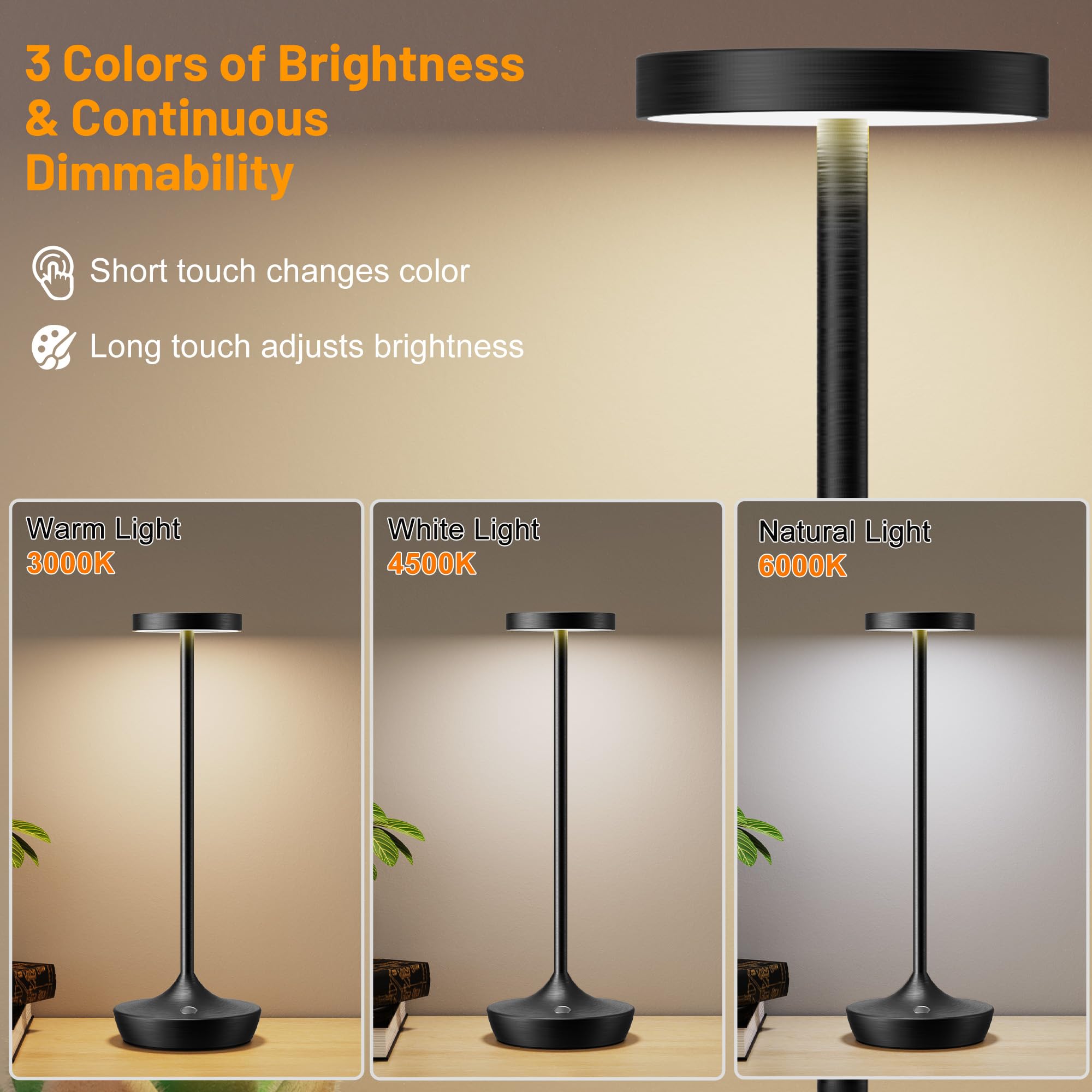 Willdoak Cordless Table Lamp - 6000mAh LED, Portable, Touch Dimmable, Waterproof, Black, Model X86