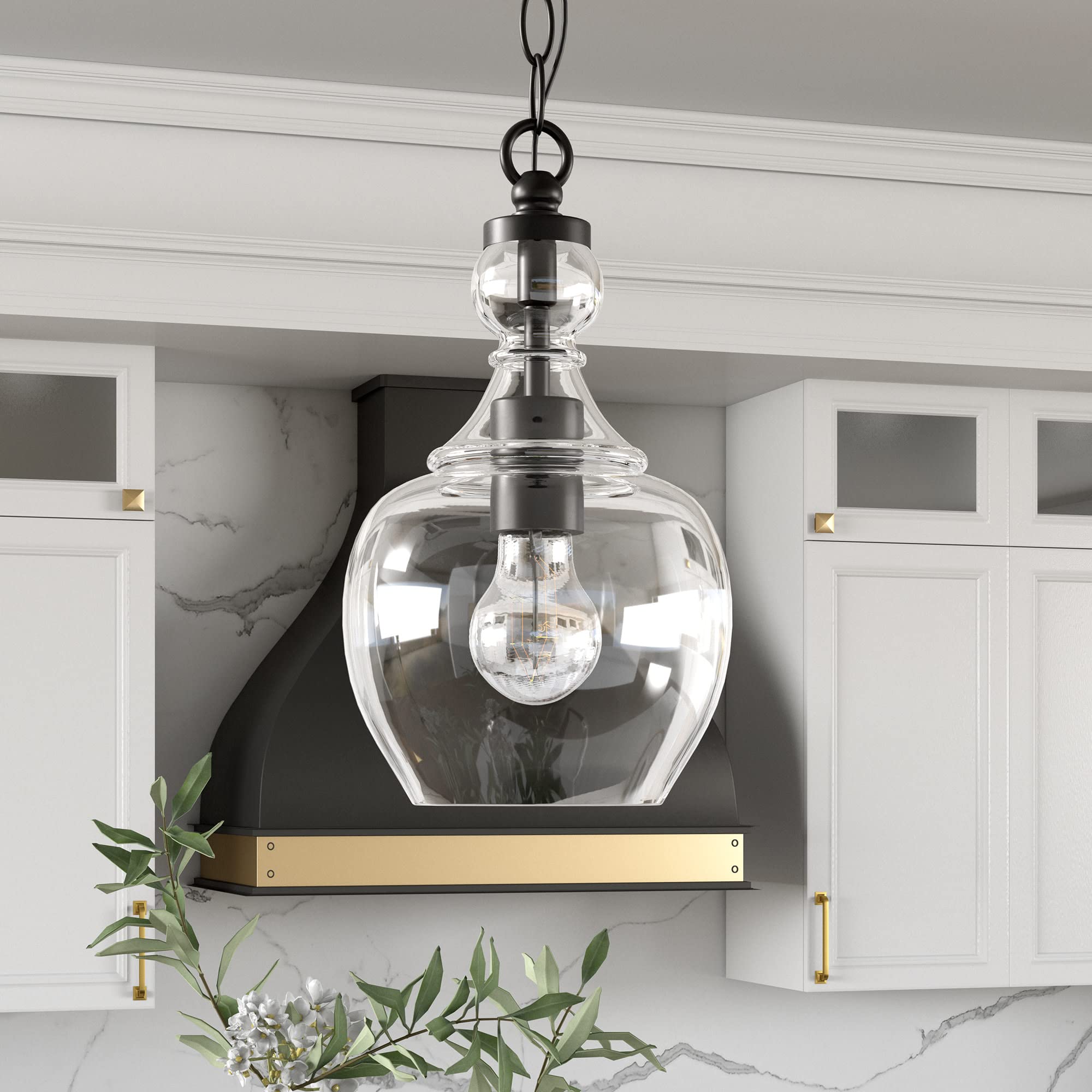 Henn&Hart Pendant Ceiling Light Fixture, 7in Wide, Blackened Bronze/Clear, Model PD1074, Metal Material