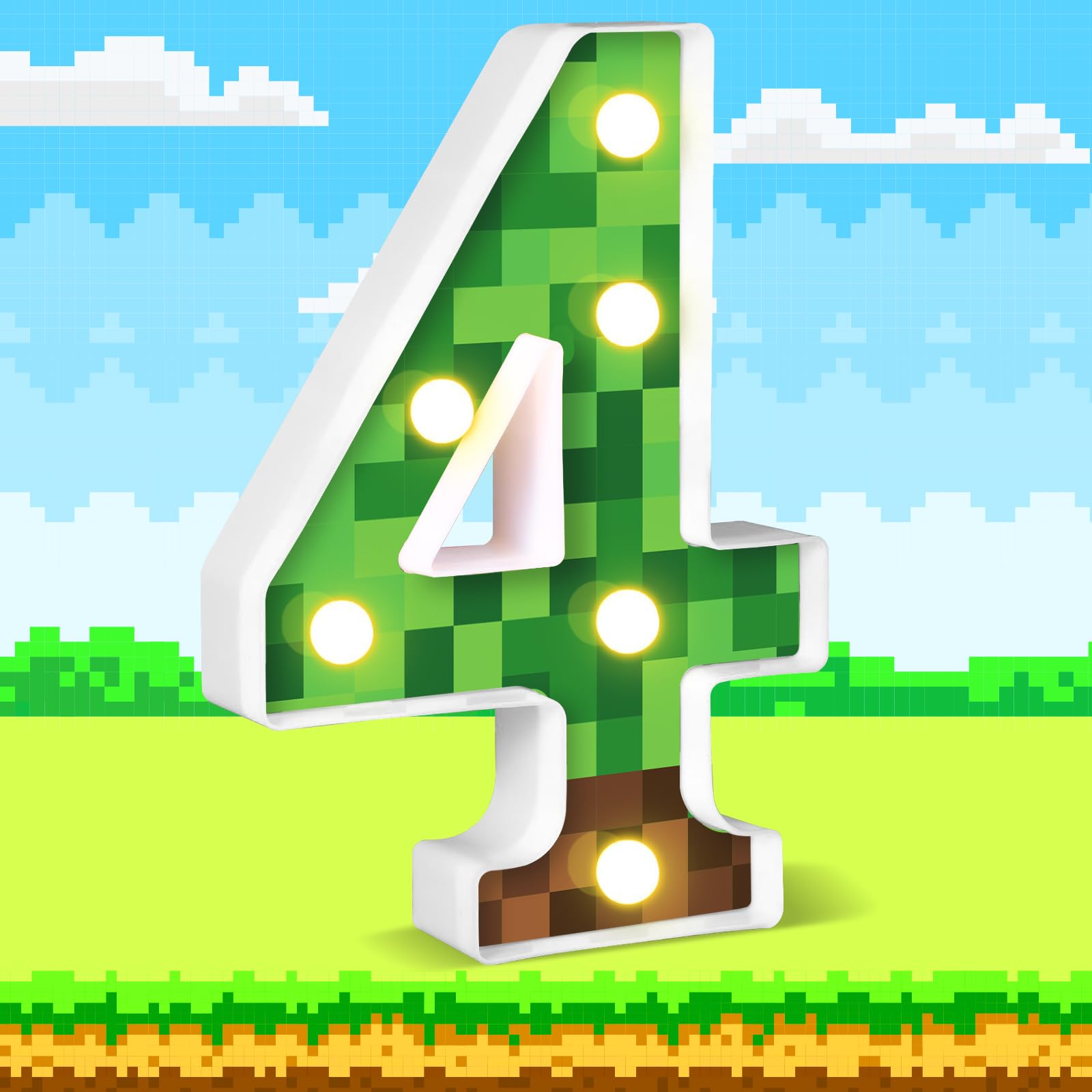 AXBMM Pixel Game Birthday Light Up Sign, Number 4, Green/Brown, LED, Model XY-371, Table Centerpiece Night Light