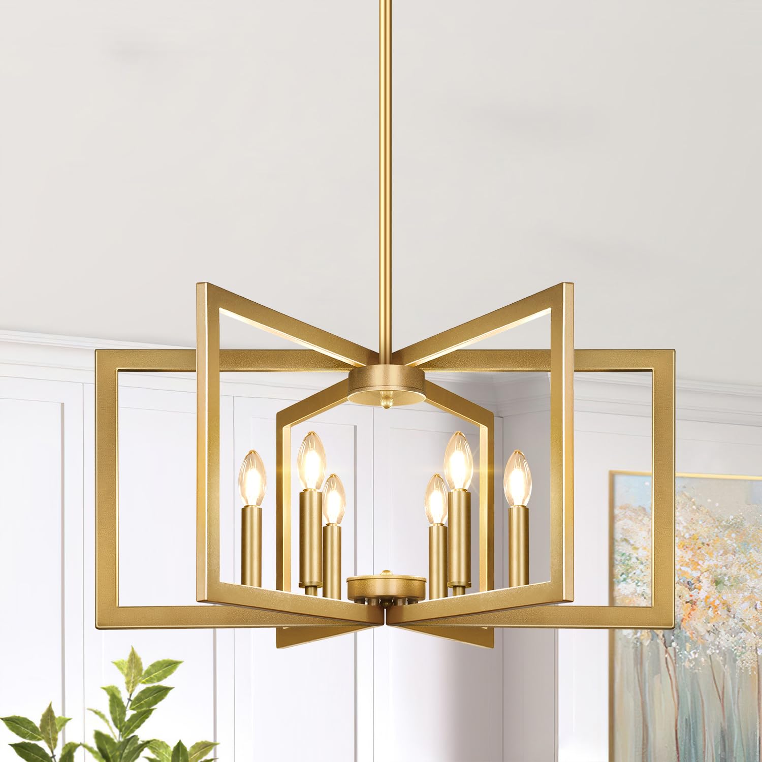 6-Light Modern Gold Chandelier, Geometric Dining Room Light Fixture Industrial Pendant Lights Kitchen Island, Hanging Metal Farm