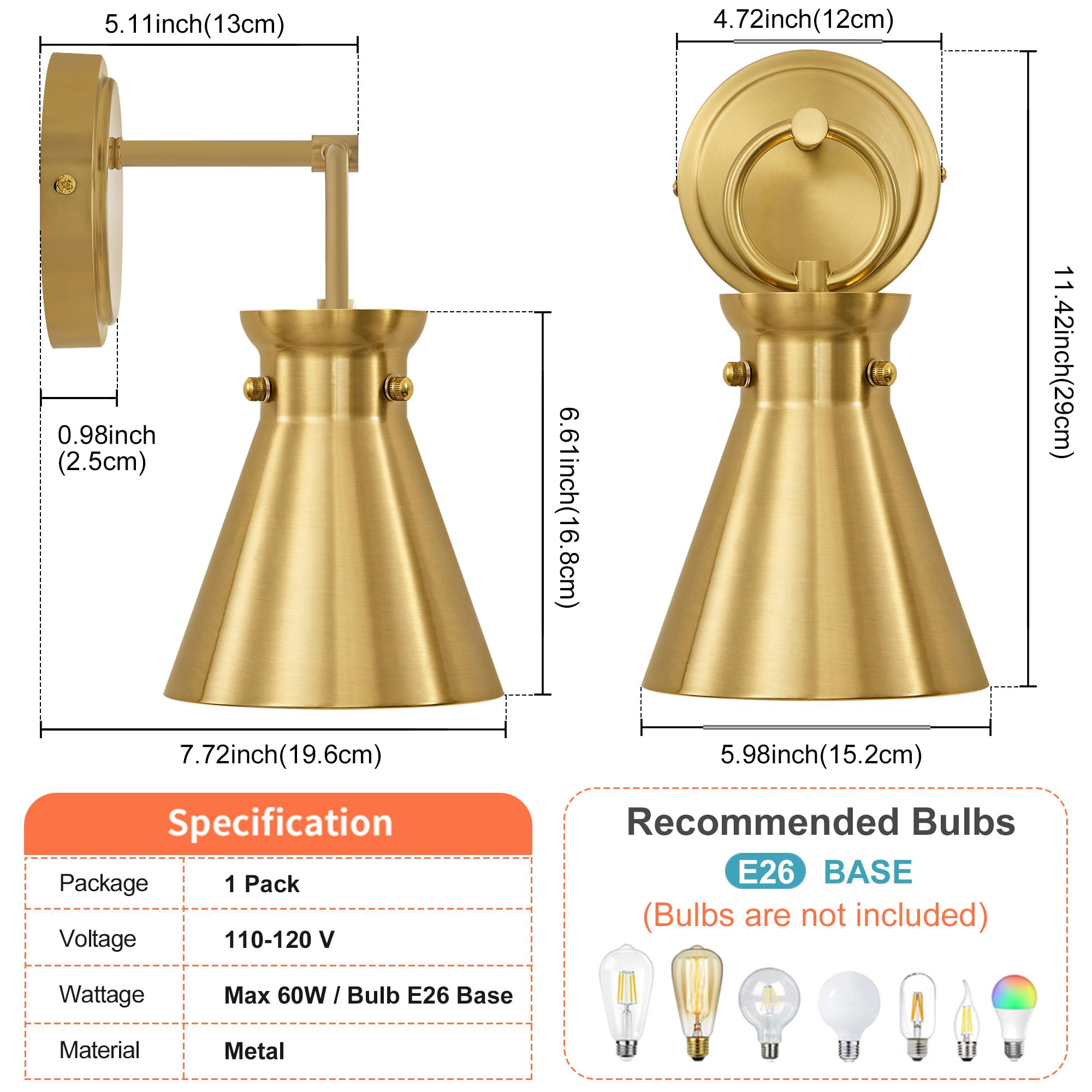 Gednbo Gold Wall Sconce For Bathroom  Modern Vanity Light Fixtures  Wall Mount Lighting Farmhouse Wall Lights With 6 Inch Metal Lampshade For Bedroom Living Room Mirror Kitchen (Gold Metal  1 Pack)