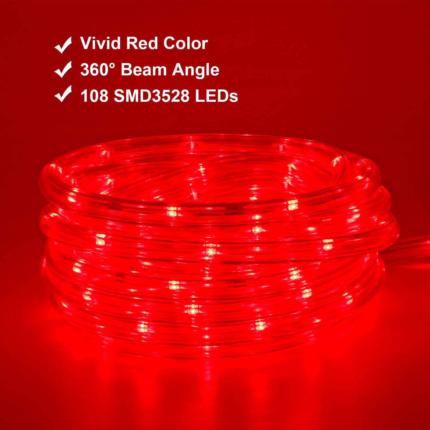 Areful Red LED Rope Lights, 16ft Waterproof Flexible Strip Lighting, 3528 LEDs, High Brightness, Model LED-MLF-2W-16FT-EX-R-1.
