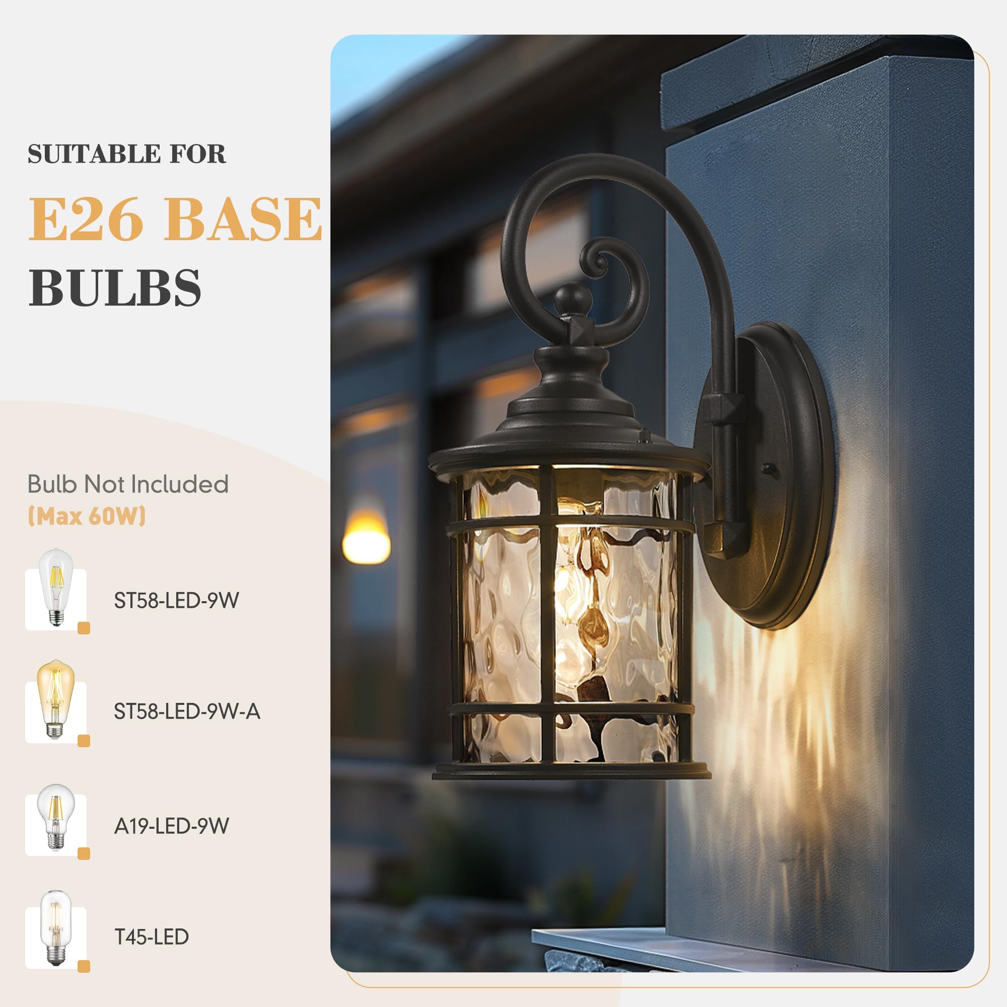 Emliviar Farmhouse Outdoor Light Fixture, 15.5" Black Aluminum with Water Ripple Glass, Model XE229B-WG BK
