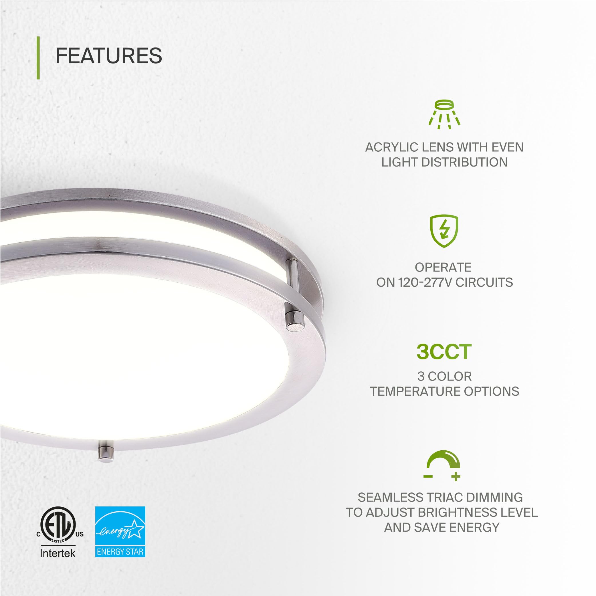 ASD 12 Inch LED Flush Mount Light Fixture, 20W 1600LM, Dimmable, 3000K-5000K, Brushed Nickel, 4 Pack, ET