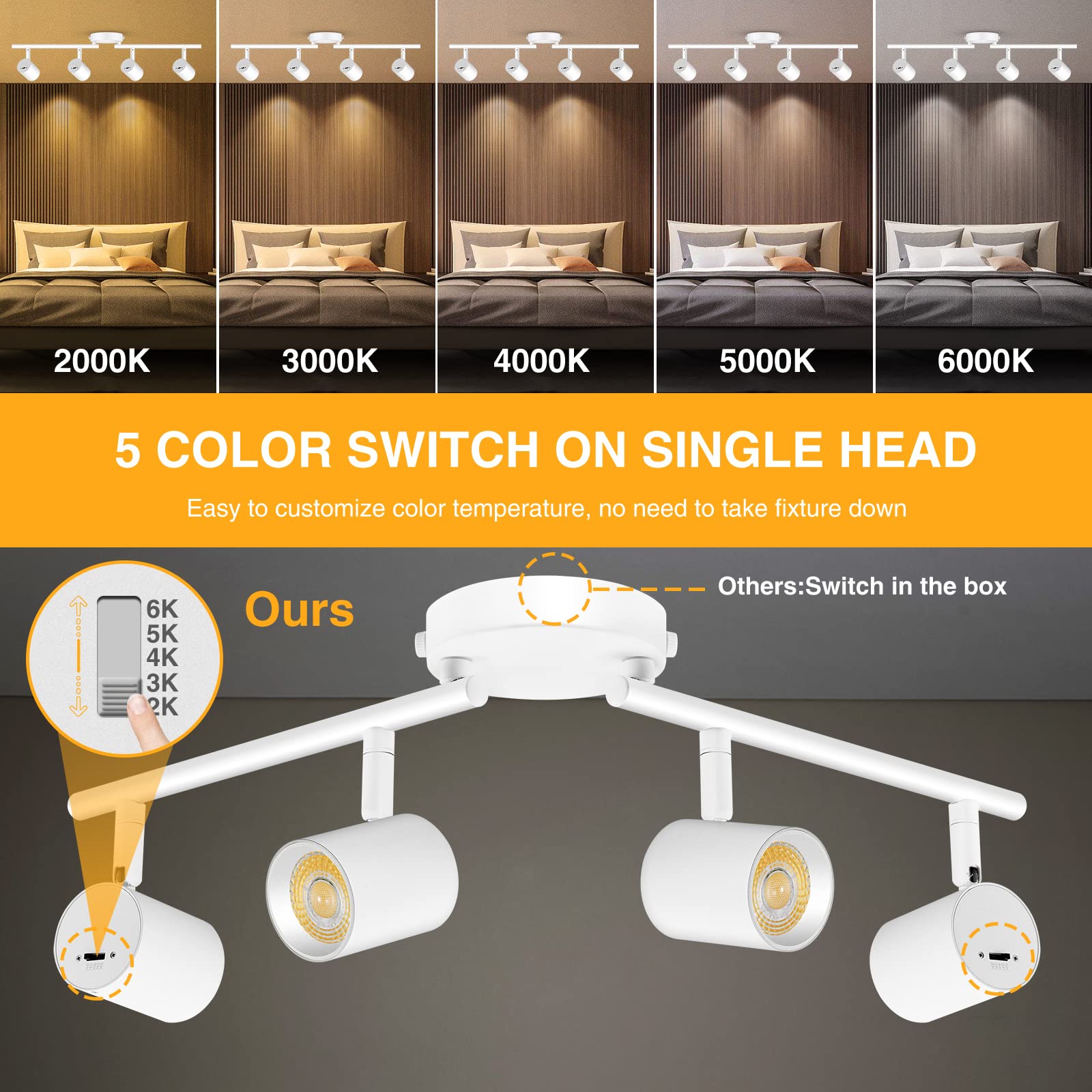 Vanoopee 5-Color 4 Light Led Track Lighting Fixtures Ceiling For Kitchen, Dimmable Track Lighting Kit, Ceiling Spotlight Flush M