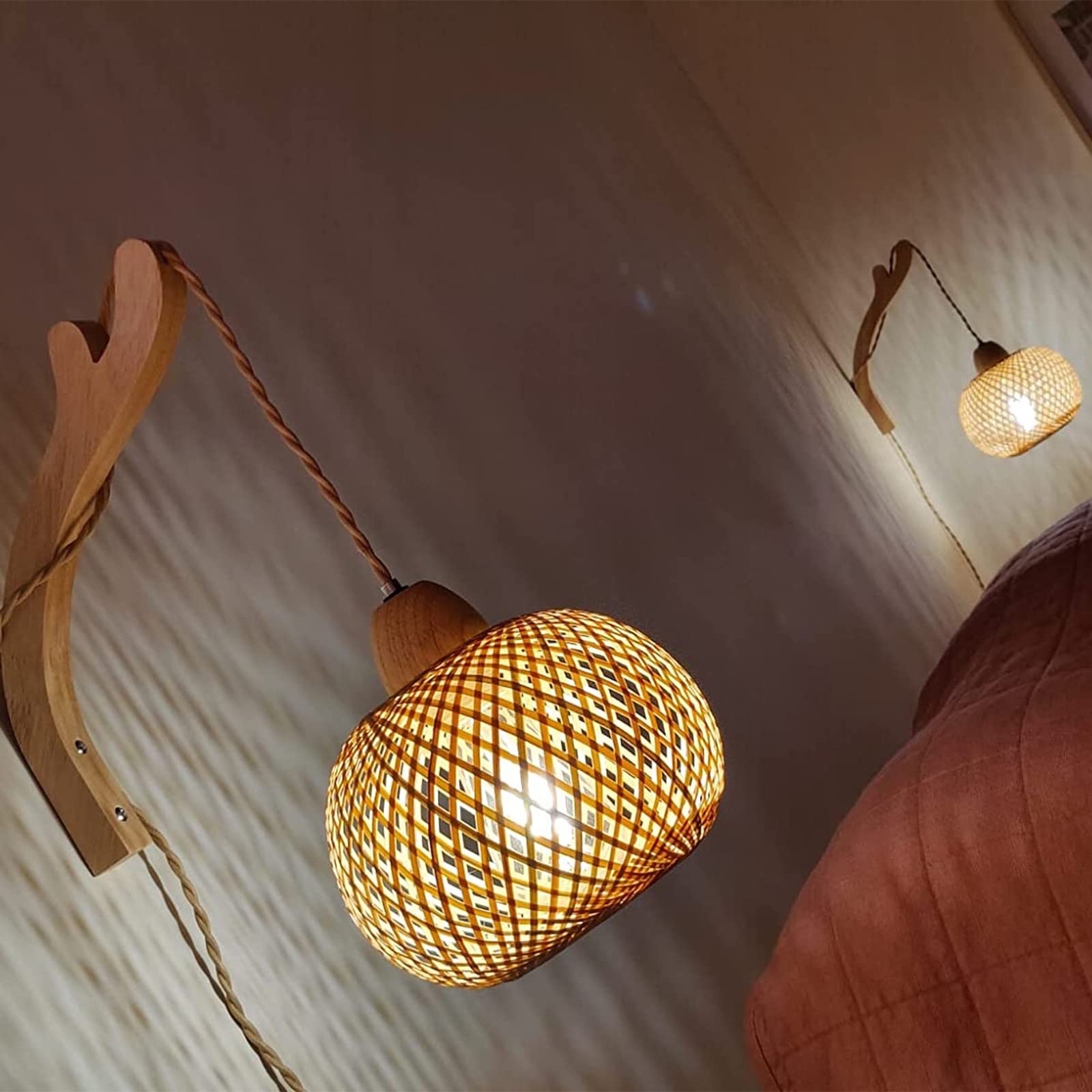 FRIDEKO Bamboo Lantern Wall Sconce, Wicker Plug-in Light, 7.87", Orange, Hand Woven Rattan, Rustic Boho Design for Living Room/Bedroom