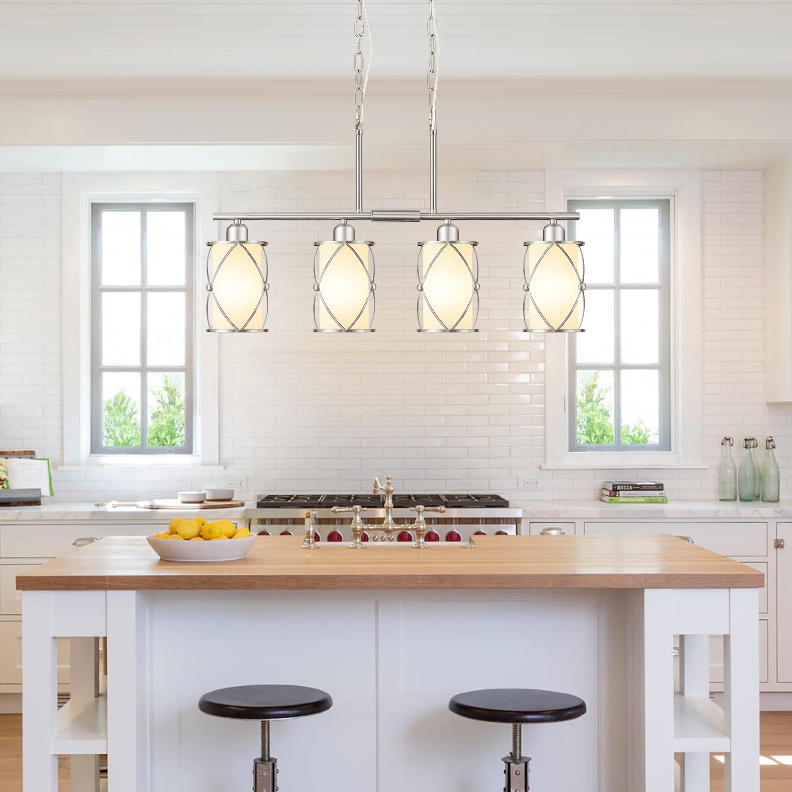 Osimir 4-Light Linear Kitchen Island Pendant Light, Brushed Nickel with Milk Glass, Model CH9176BNW-4IS