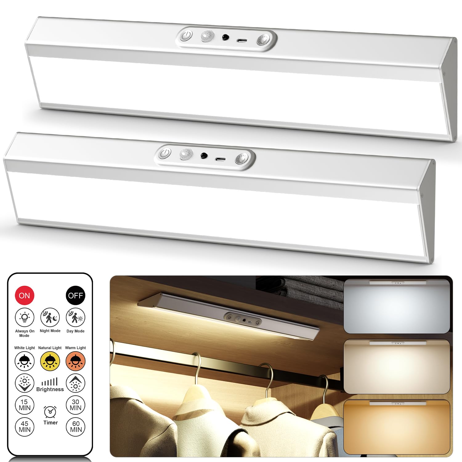 LENOMA Motion Sensor Closet Lights, 400 Lumen, 2 Pack, Rechargeable, Silver, LTM-CGD-06, Wireless with Remote Control, 3 Color Temp