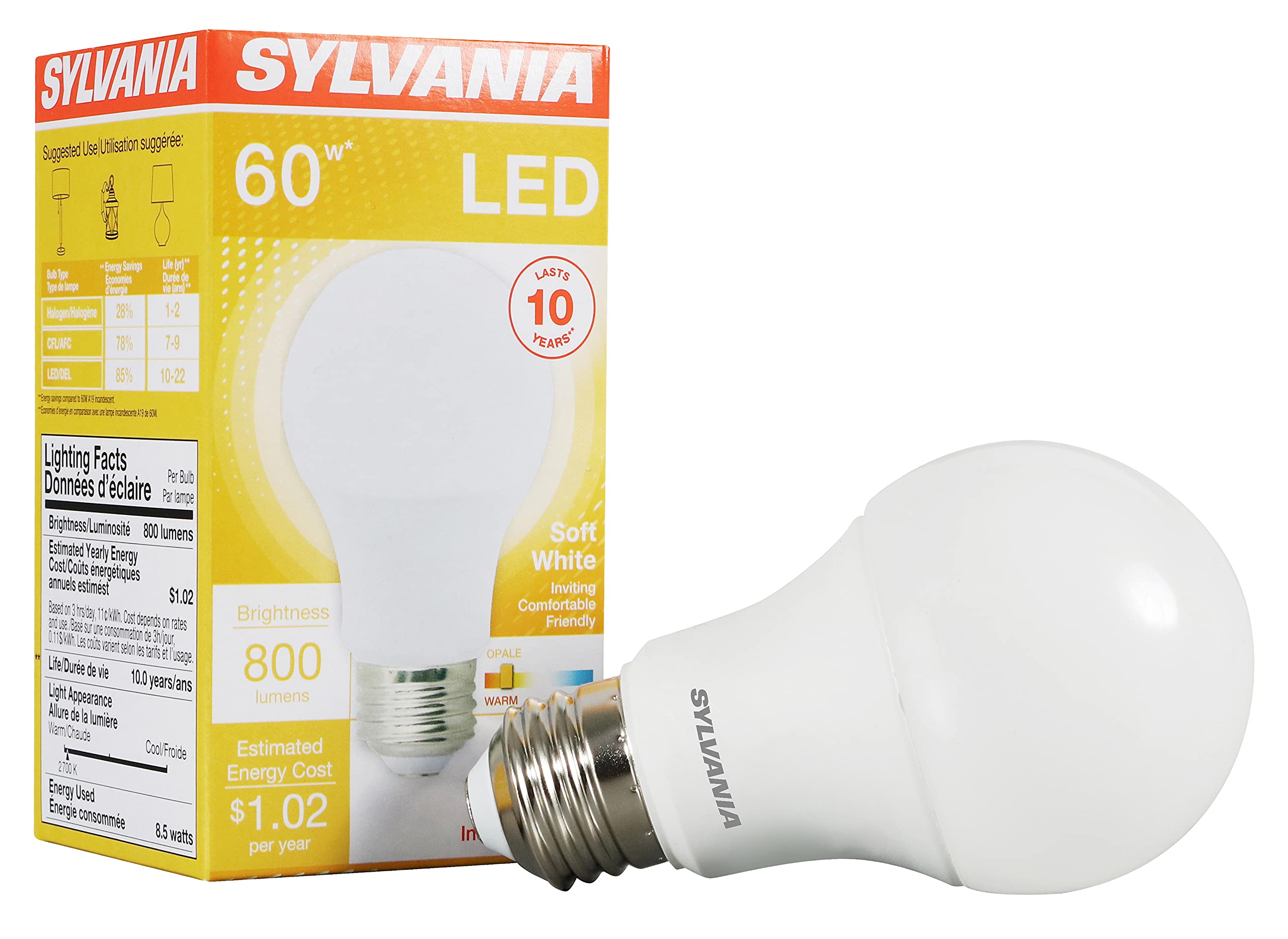 Sylvania Led Light Bulb, 60W Equivalent A19, Efficient 8.5W, Medium Base, Frosted Finish, 800 Lumens, Soft White - 1 Pack (73885