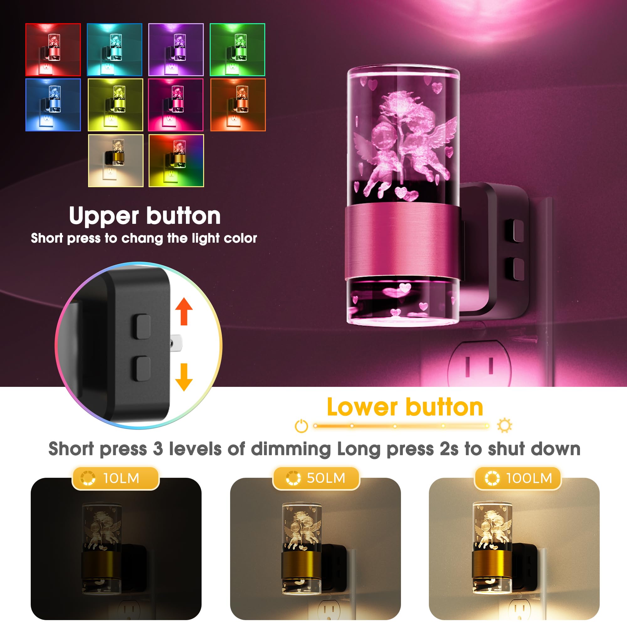 L LOHAS LED Night Lights - 2 Pack Dusk to Dawn, 9 Color Changing, Adjustable Brightness, Gold Ring-Angel RGB, Model A-GY19709CPUS-2