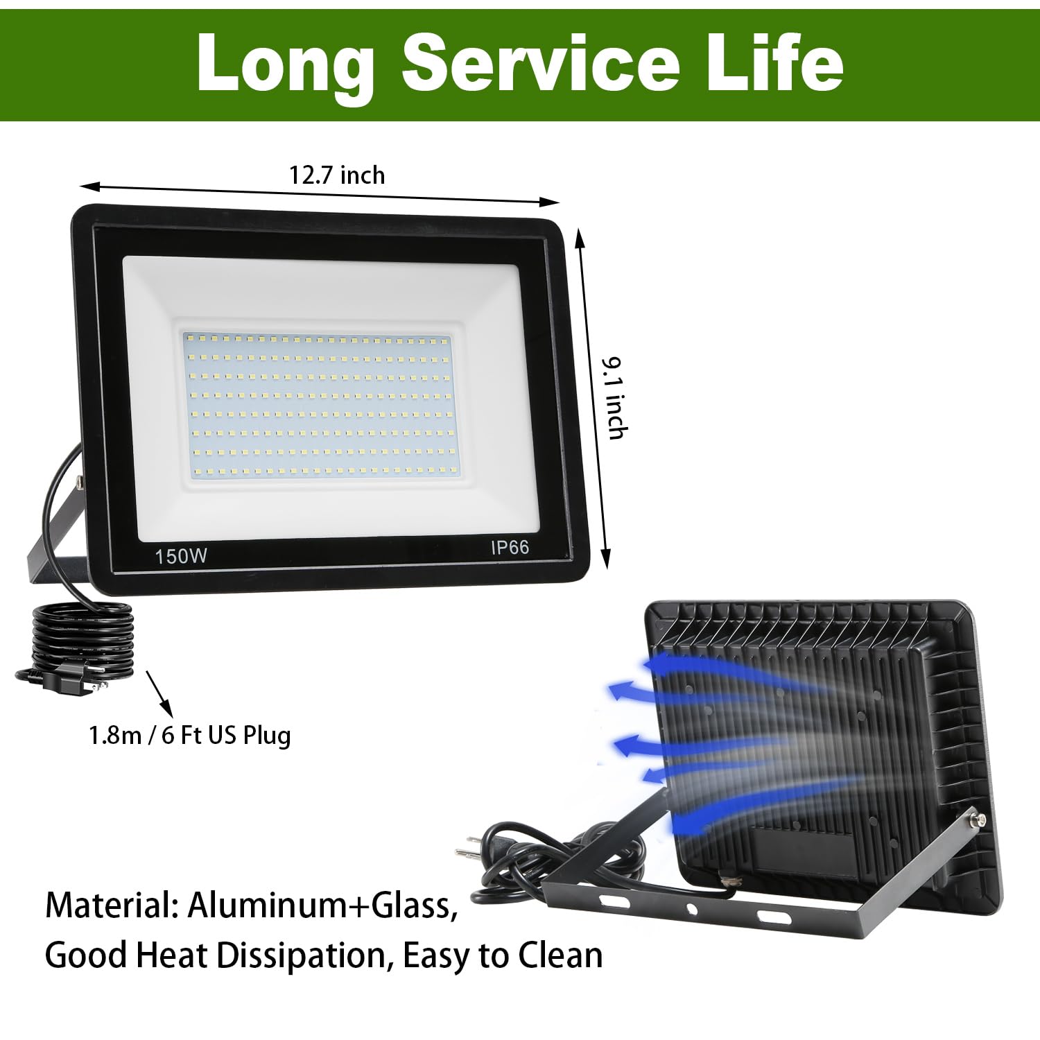 Qiyeka 2 Pack 150W Led Flood Light Outdoor,15000Lm Work Spotlight With Us Plug,6500K Daylight White,Ip66 Waterproof Exterior Sec