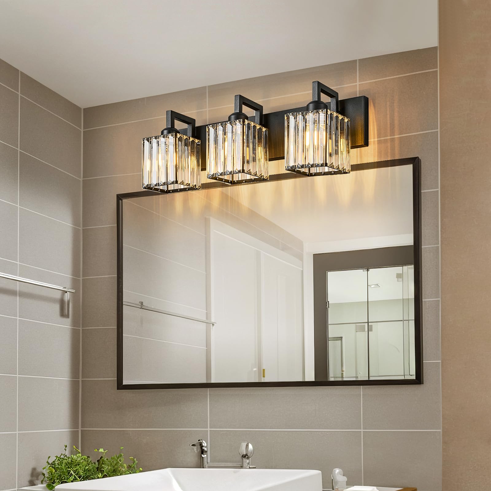 Fdpby Modern Bathroom Vanity Light 3-Lights Black Crystal Wall Lamp Bathroom Modern Crystal Vanity Lighting