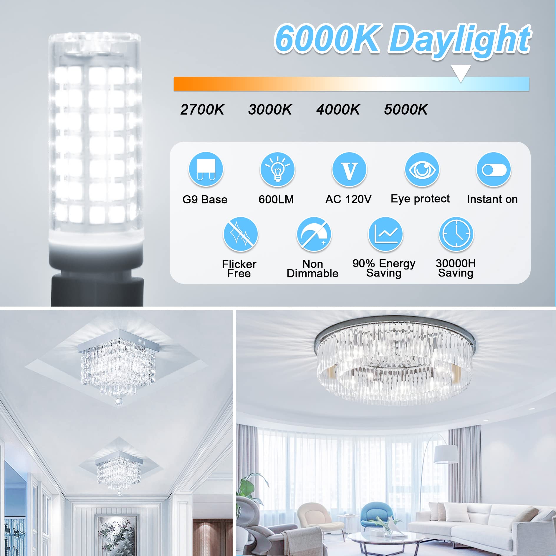 Comzler G9 Led Bulb Bi Pin Base G9 6W Led Bulbs Daylight White 6000K, G9 Light Bulbs For Chandelier, Ceramic Base, 60W Halogen E