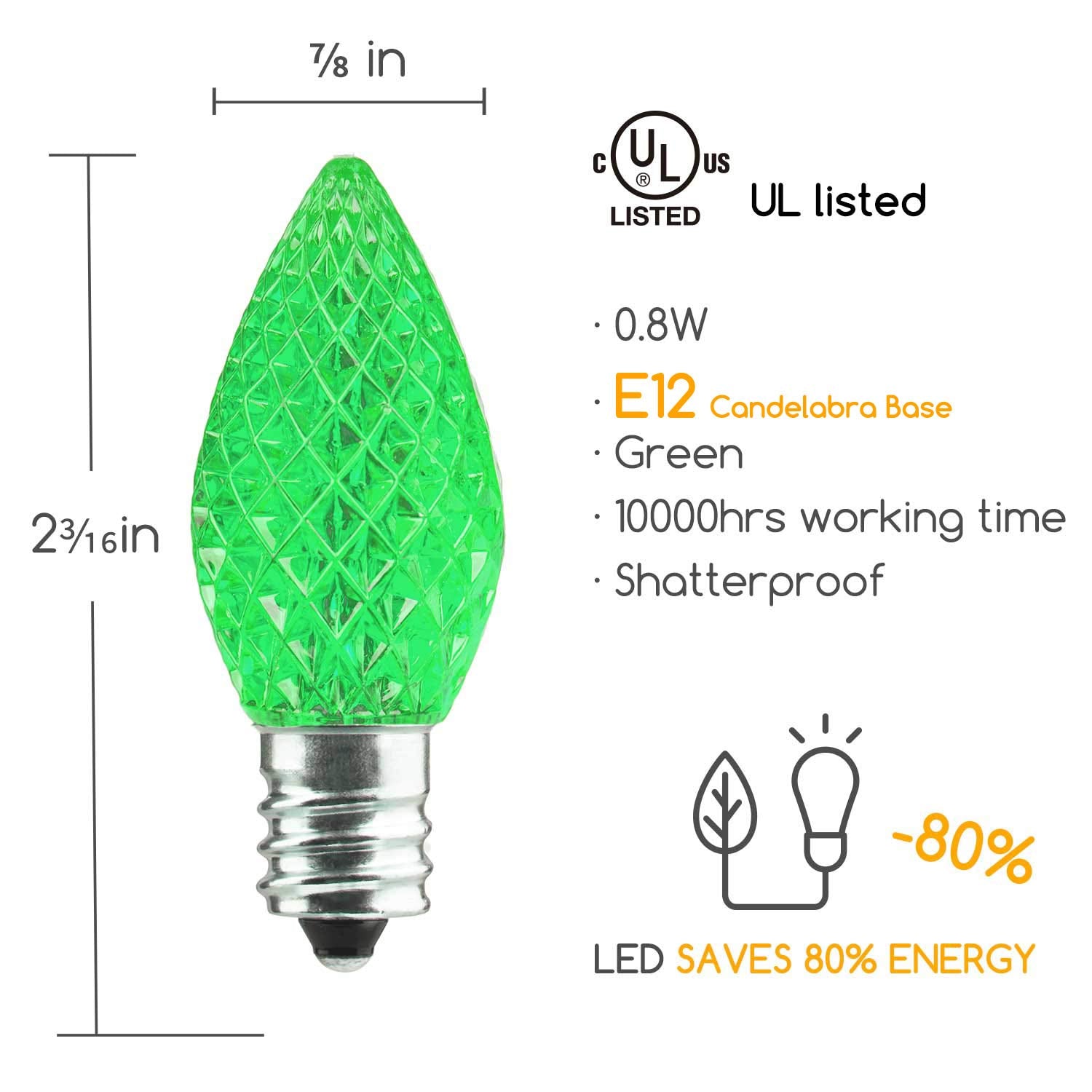 50 Pack C7 Green Christmas Led Replacement Light Bulb, C7 Shatterproof Led Bulbs For Christmas String Lights, E12 Candelabra Base Light Bulb For Outdoor Indoor Christmas Decorative Lights