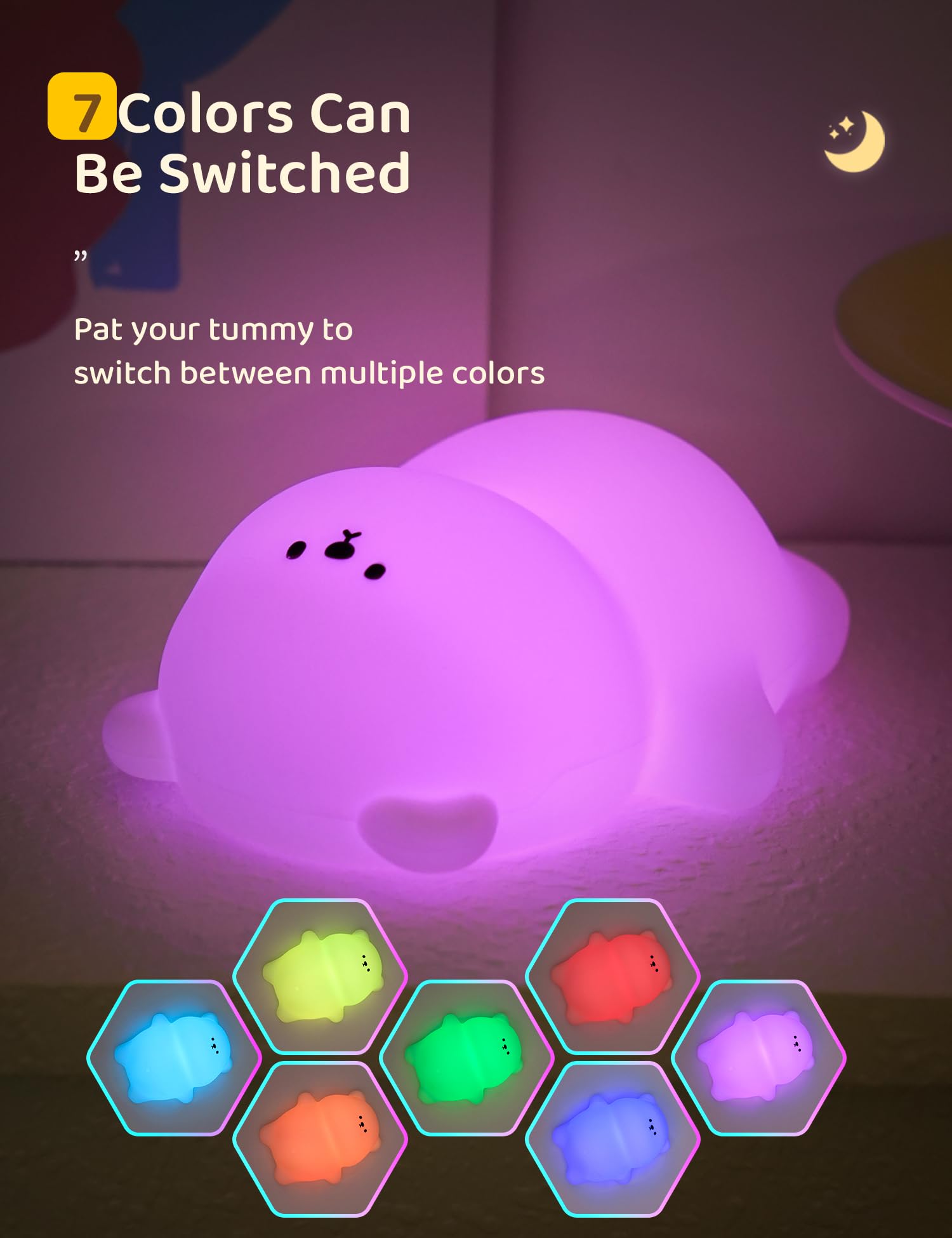 WANIDEA Night Light for Kids, Rechargeable Silicone Bear Light, 7 Color RGB, 3 Dimming Levels, Cute Nursery Decoration