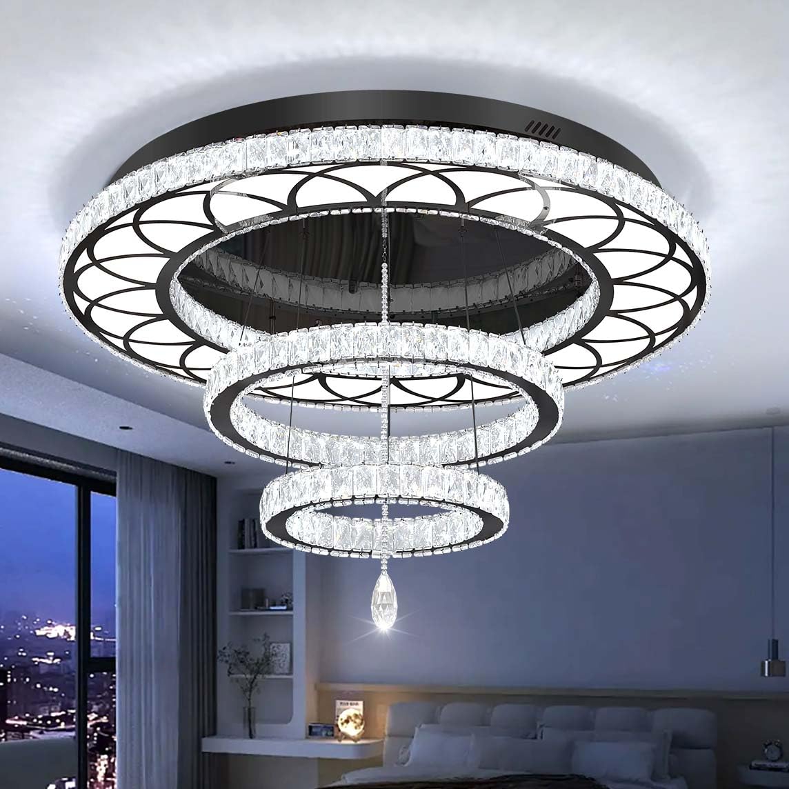 Flashing God 40" Modern Black Chandelier LED Flush Mount Light Fixture, Dimmable, for Living Room, Bedroom, Dining Room, Foyer, Model MMQ0268-100-H