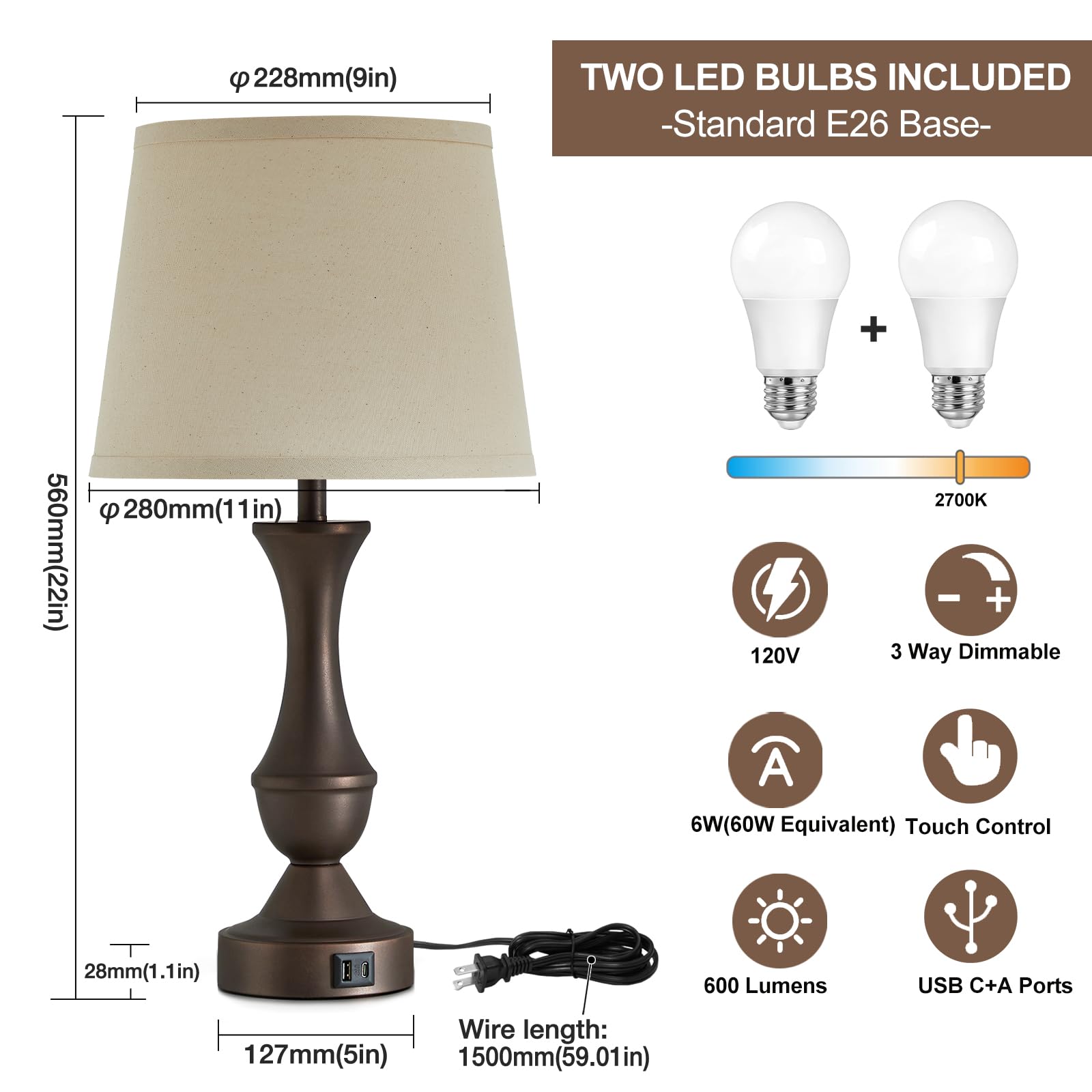 Luvkczc 22in Vintage Brown Table Lamp Set of 2 - 3-Way Dimmable, USB Ports, Beige Shade, Model 73008N
