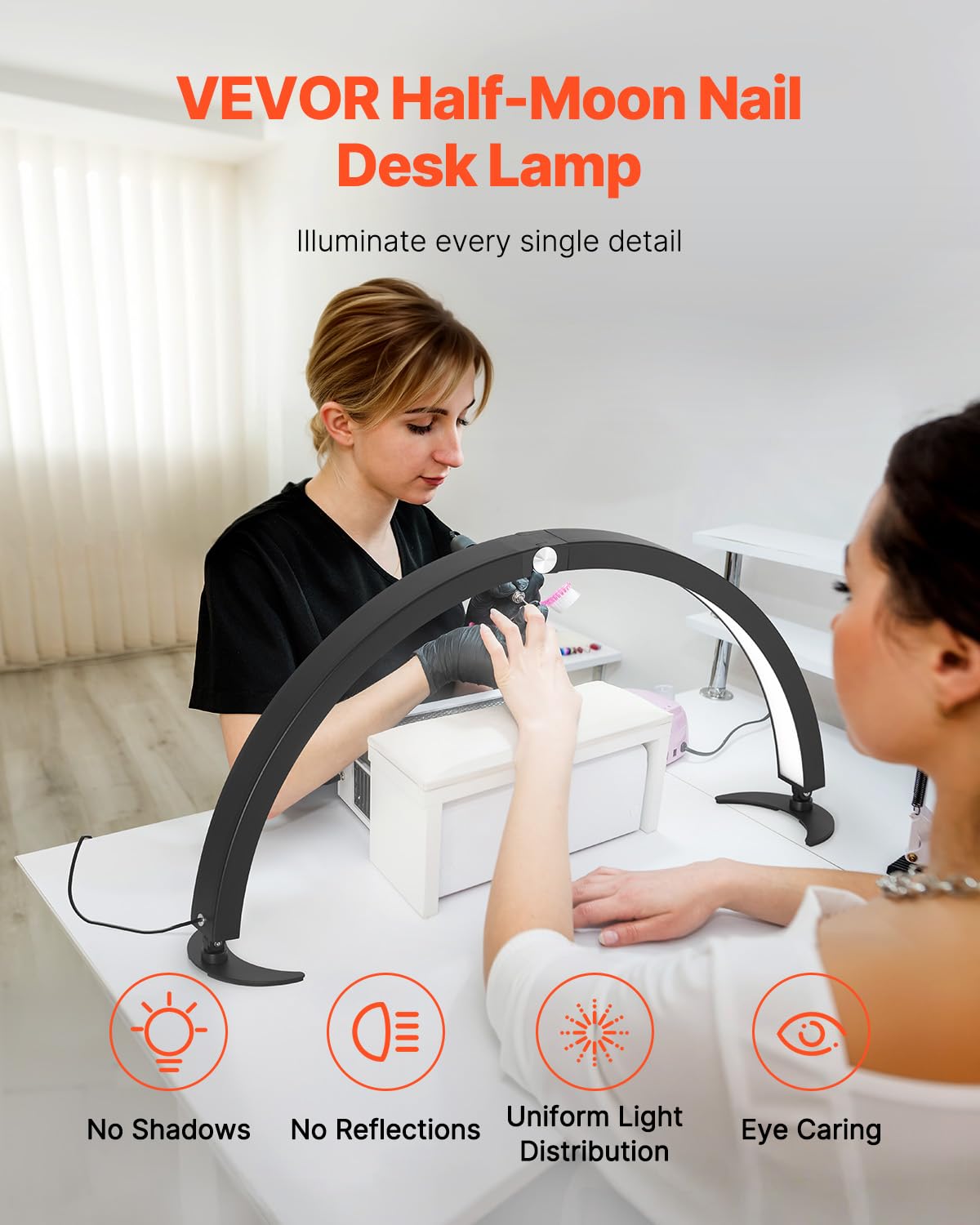 VEVOR Nail Desk Light - 40W Half Moon LED Lamp, Adjustable Brightness & Color, 29 Inch, Black, Model HD-M10X