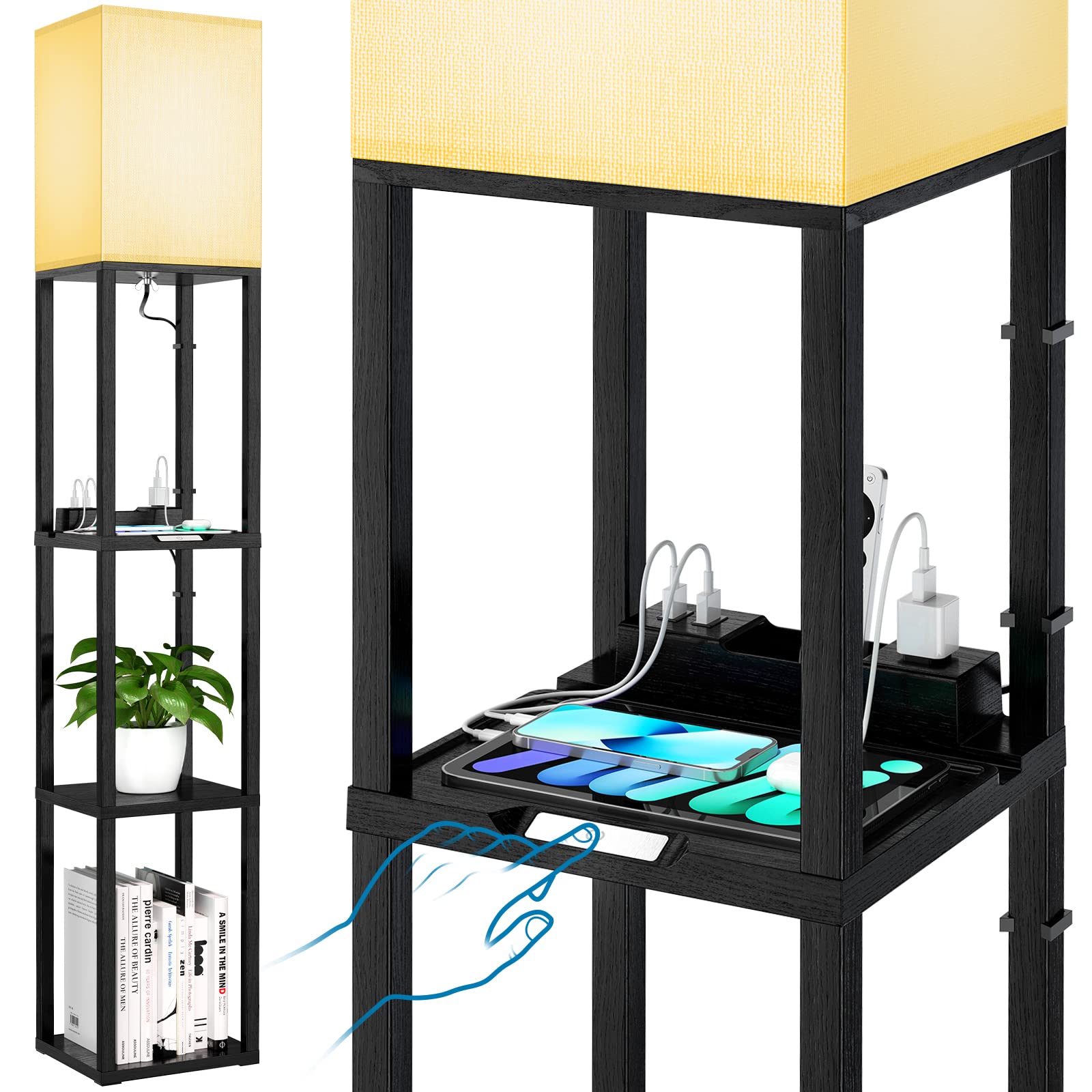 Maxsure Floor Lamp with Shelves, Shelf Floor Lamps for Living Room with 11w Led Bulb, Floor Lamps for 2 USB Ports and 1 Power Ou