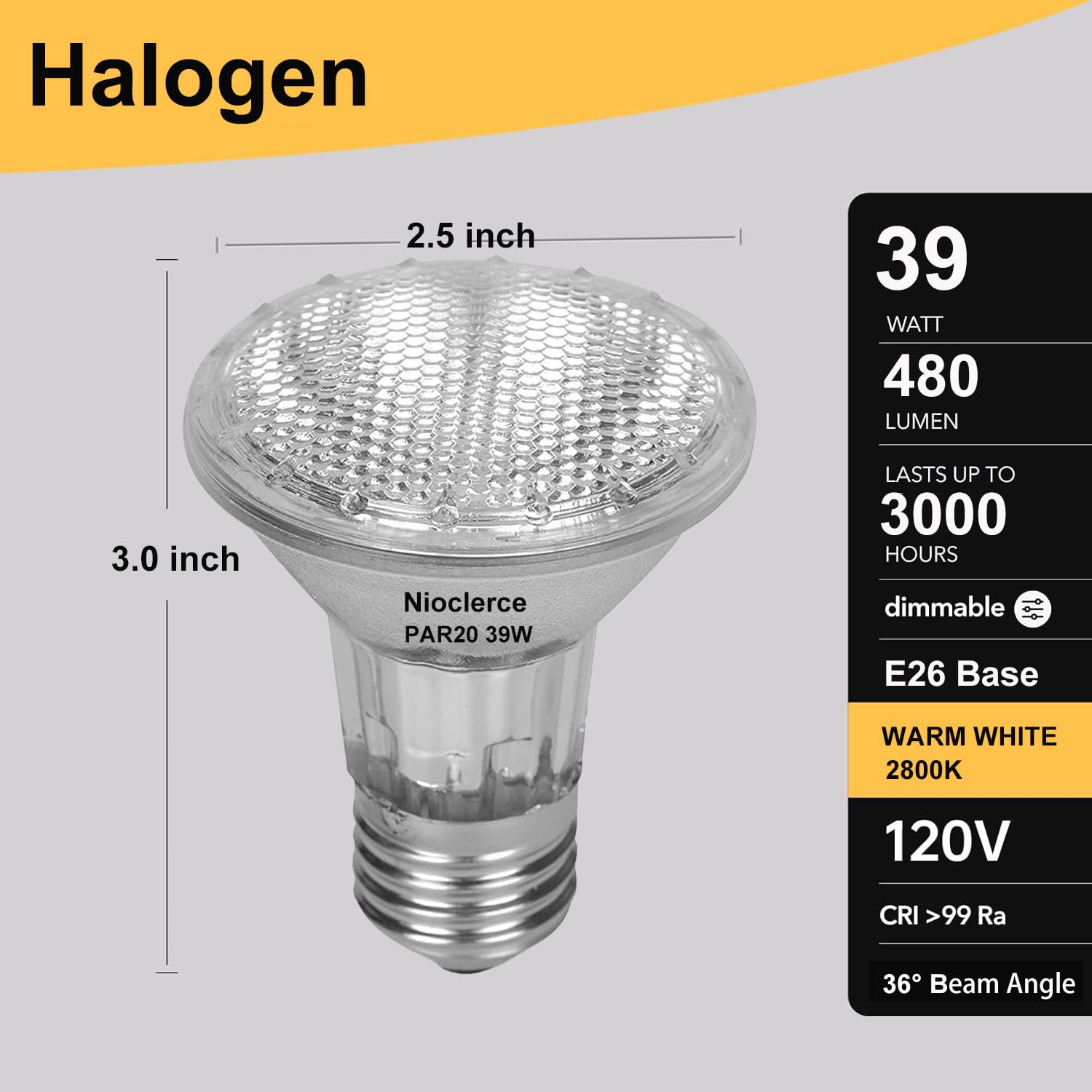 Nioclerce PAR20 Flood Light Bulbs, 39W Dimmable, 480 Lumens, 2800K Warm White, Clear Glass, 6 Pack