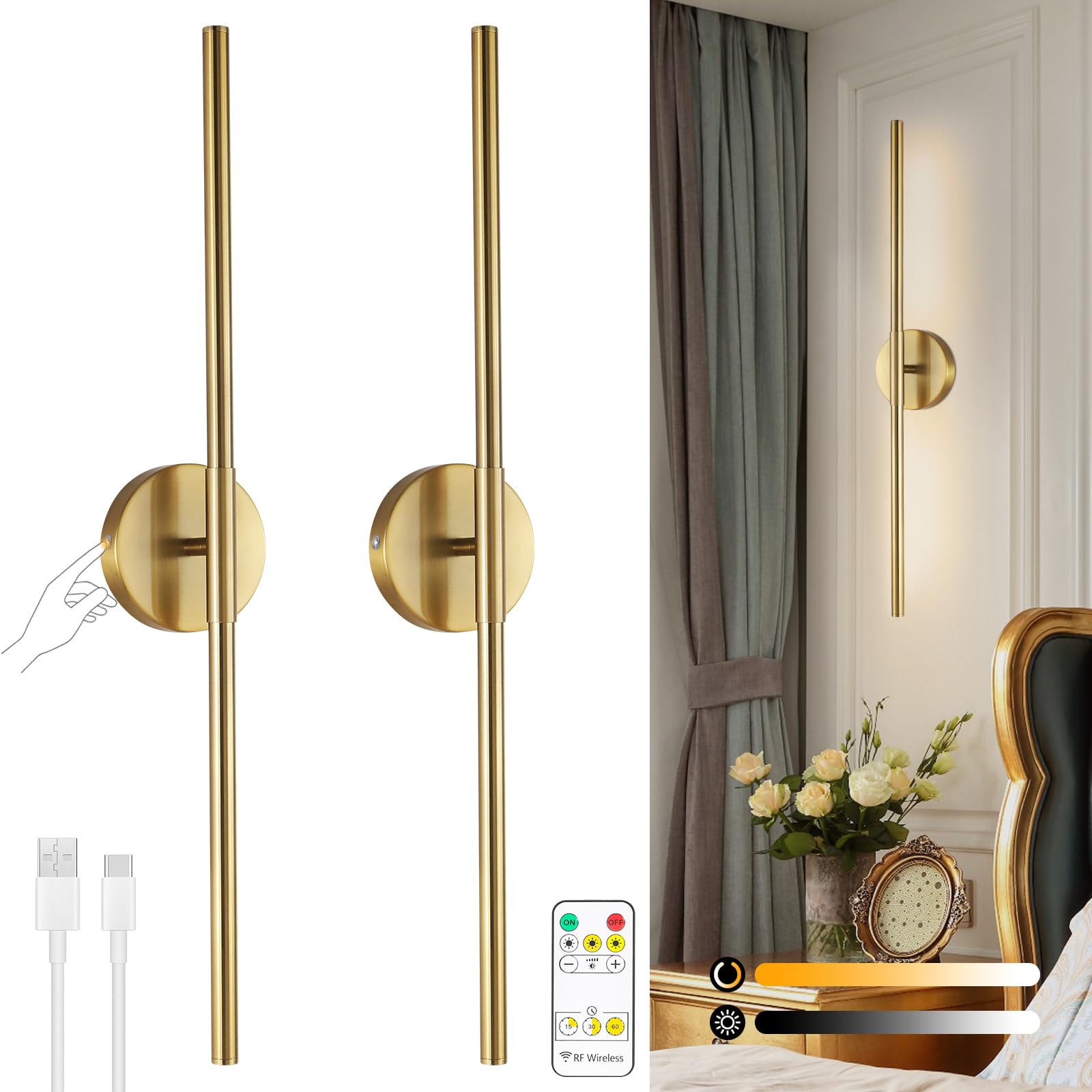 HOJOYRI Wireless Battery Operated Wall Sconces with Remote, Gold Rechargeable Led Wall Lights Set of Two, Cordless Dimmable Batt