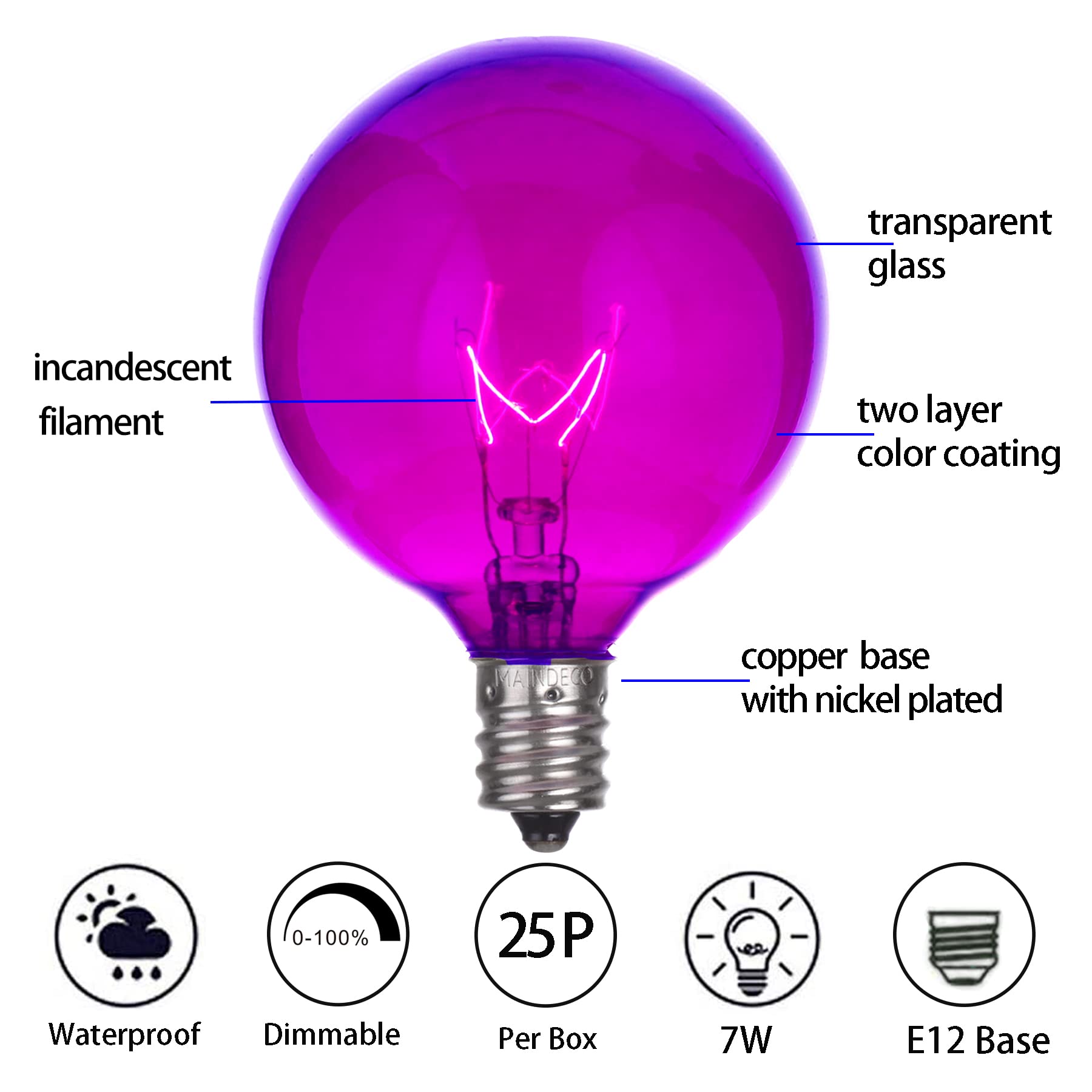 Maindeco 25 Pack G50 Replacement Bulbs,120V 7W Incandescent,E12 Base,For Indoor Outdoor String Lights-Purple