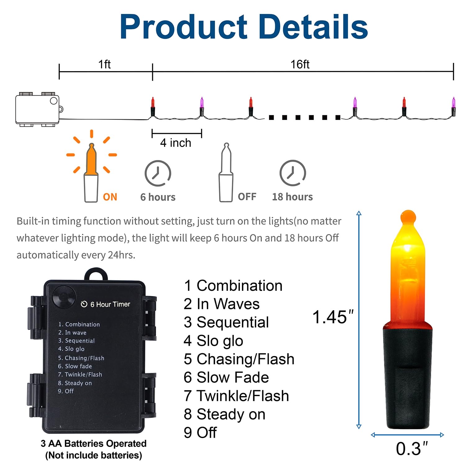 Waterglide 50 Led Outdoor Halloween Lights, 16 Ft Mini String Light With 8 Modes, Waterproof Battery Operated Tree Lights For In