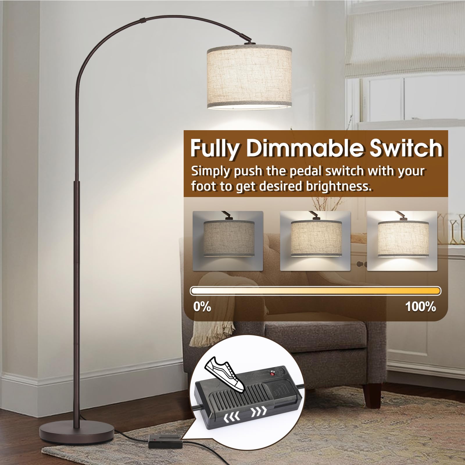 Dimmable Arc Floor Lamp, Floor Lamps For Bedroom, Farmhouse Standing Lamp With Adjustable Hanging Shade, Brown Tall Pole Lamp, M